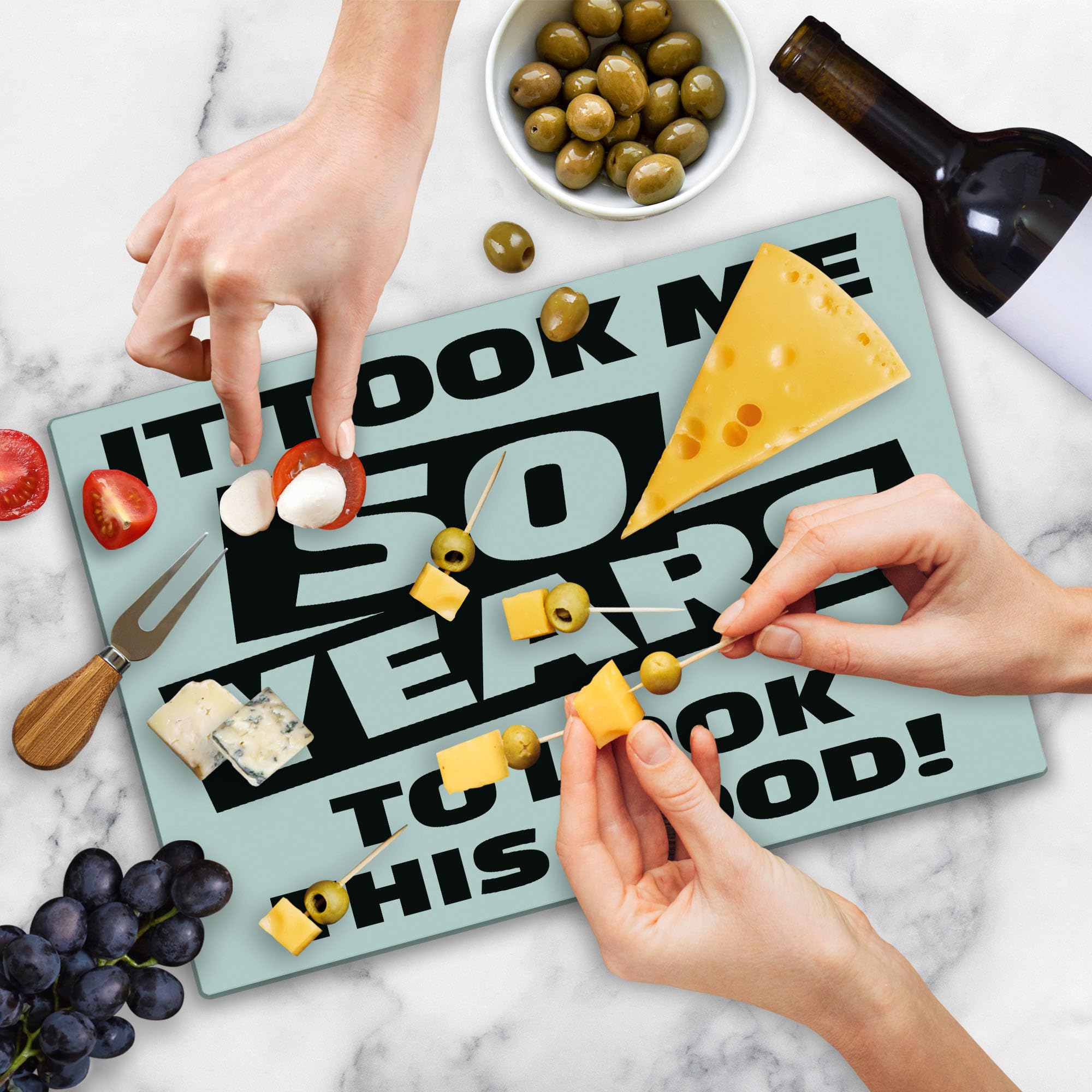 **Ambesonne 50th Birthday Cutting Board – Funny Happy Face Design, Tempered Glass Serving Board for Kitchen & Party – Large Black & White Decorative Board for Cheese, Charcuterie & Gifts**