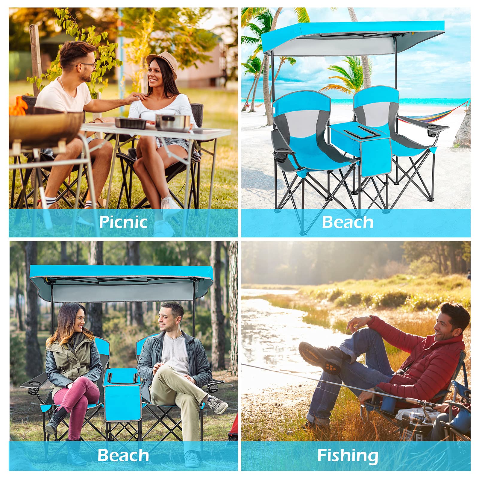 Goplus Double Beach Chair with Canopy Shade - Portable Folding Lawn & Camping Chair with Sunshade, Mini Table, Beverage Holder & Carrying Bag - Perfect for Outdoor Travel, Hiking, Fishing, Poolside Relaxation (Blue)