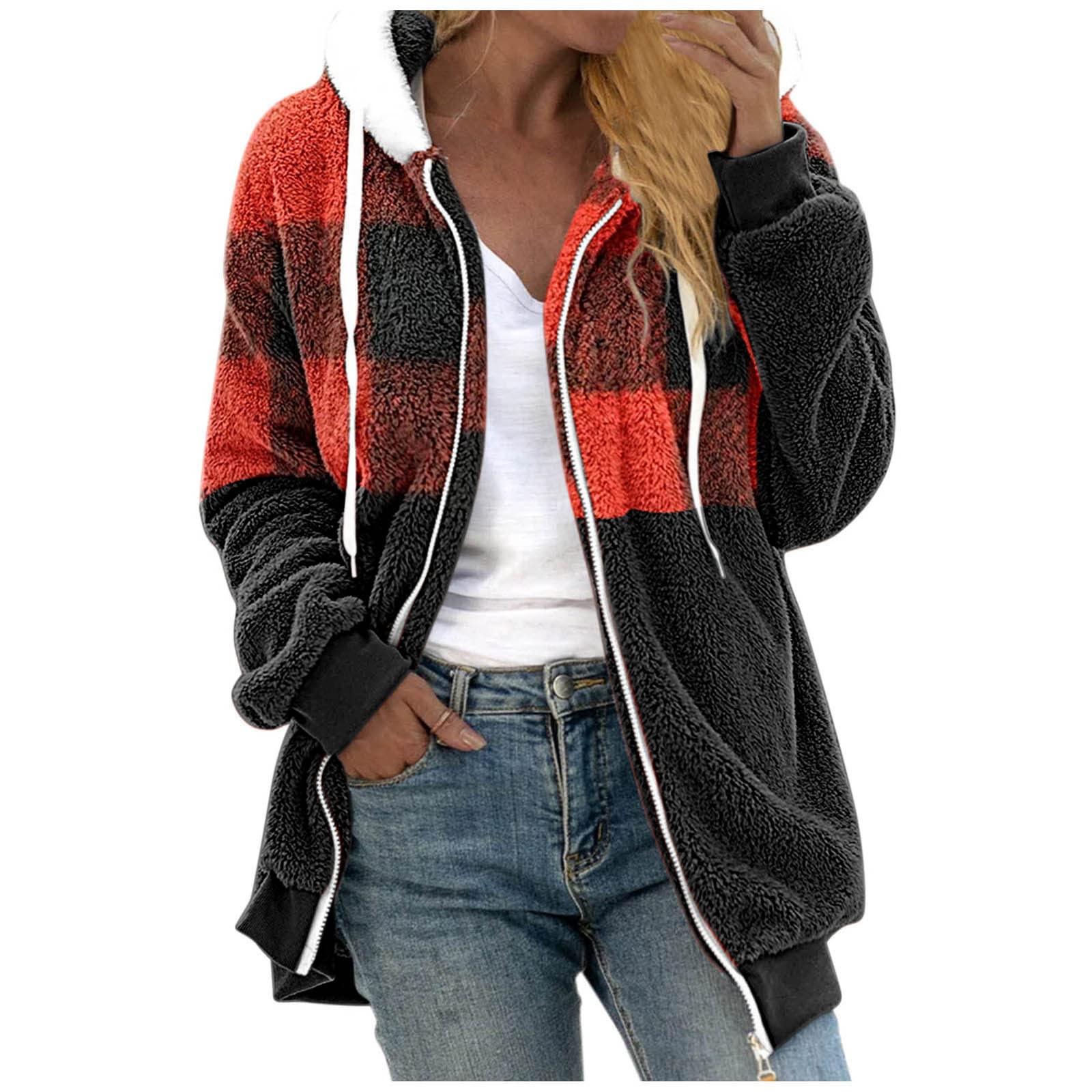 Women's Plaid Fleece Jacket - Winter Warm Fuzzy Sherpa Long Sleeve Zip Up Hooded Coat | Casual Outerwear for Cold Weather, Hiking & Outdoor Activities