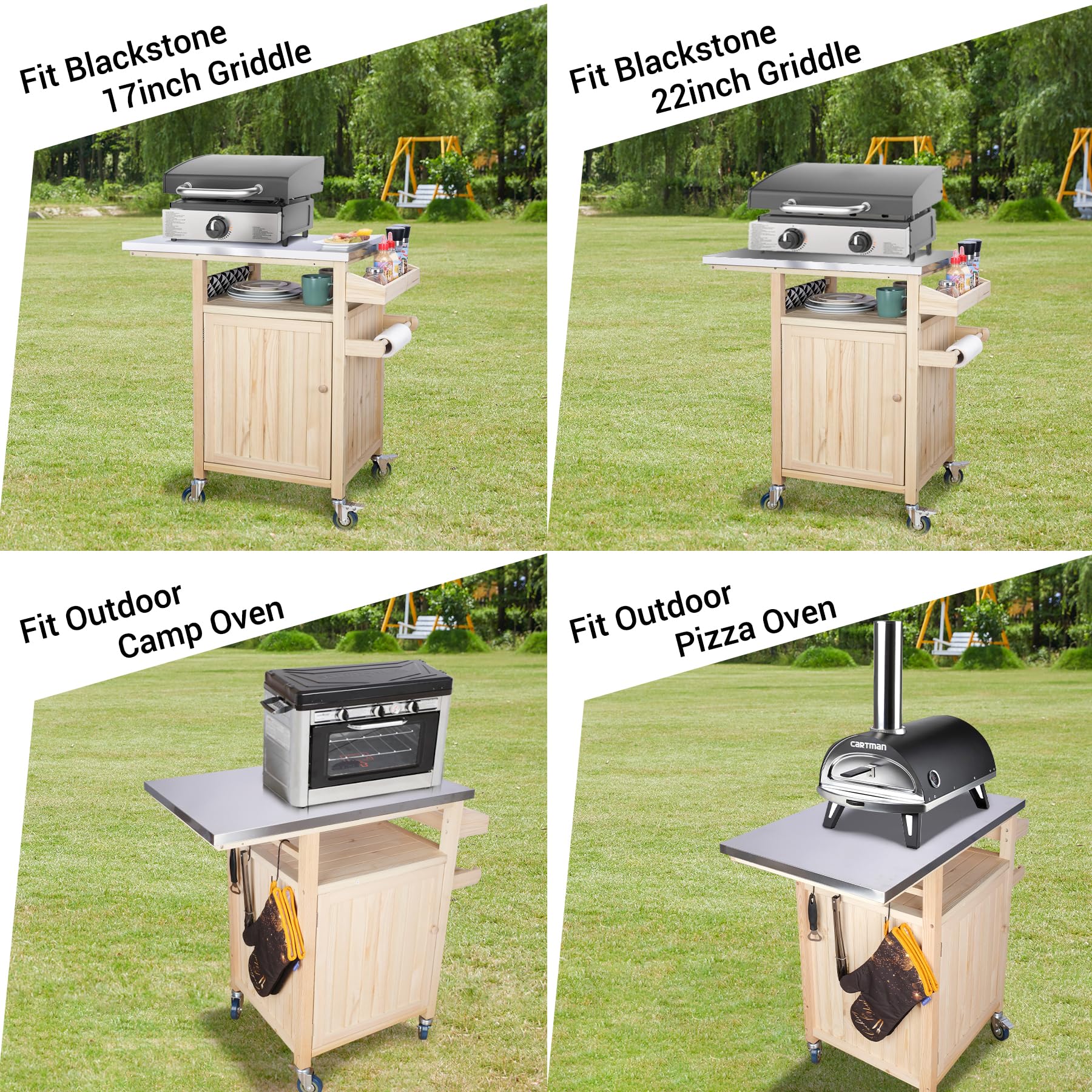 Portable Outdoor Grill Table with Storage Cabinet - Solid Wood BBQ Cart with Wheels & Stainless Steel Top | Perfect for Backyard, Patio, Camping and Tailgating Parties