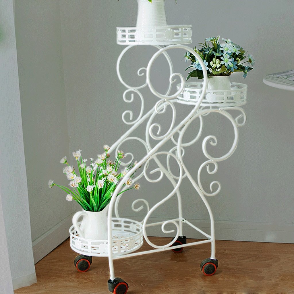 White Multi-Tier Iron Flower Stand with Wheels for Outdoor Balcony, Office, or Garden - Perfect for Organizing Plants, Herbs, and Decorative Items
