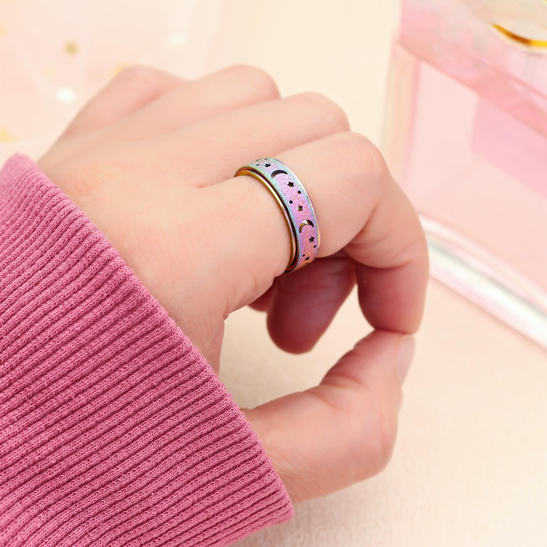 Anxiety Spinner Ring for Women & Men - 6mm Moon Star Design for Stress Relief