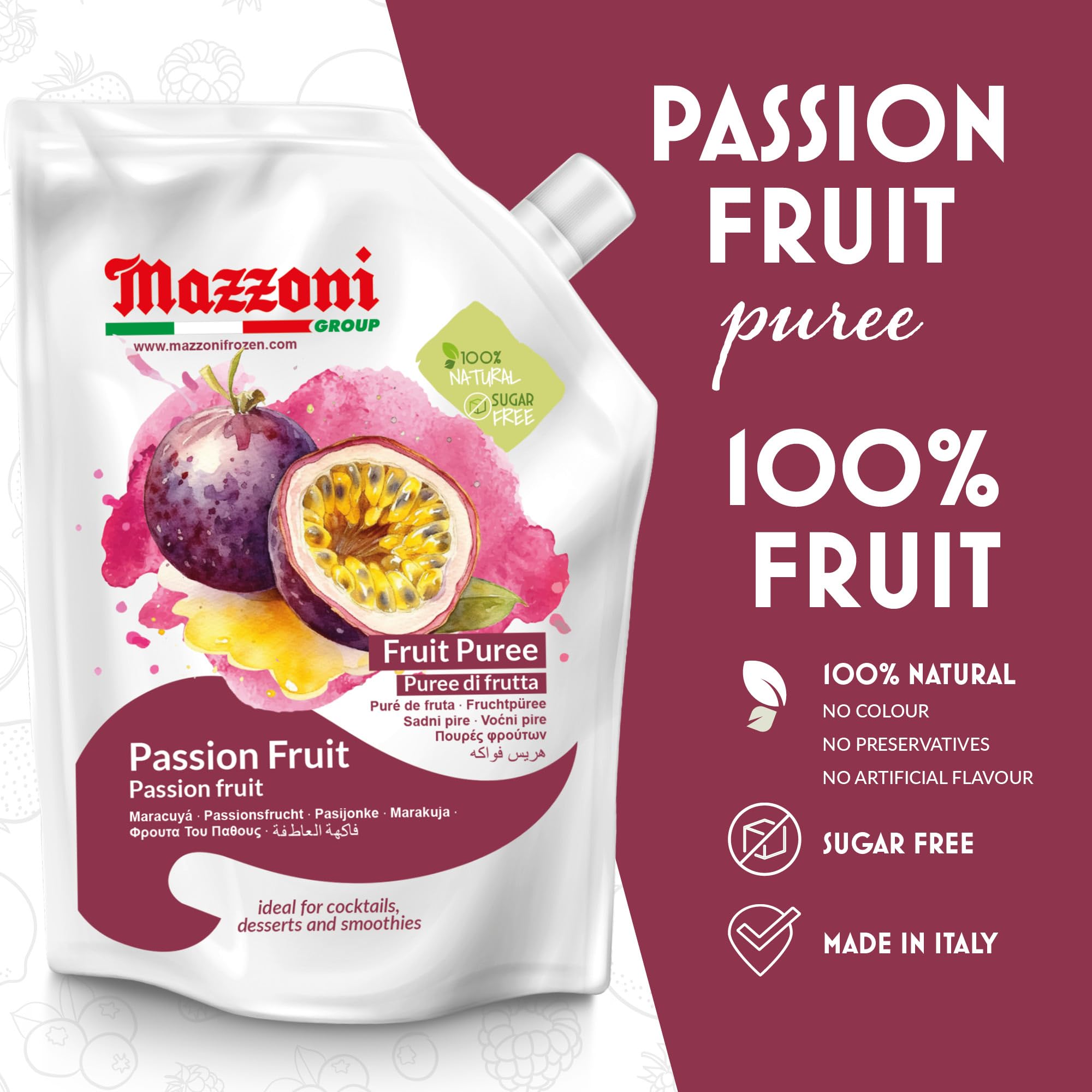 Mazzoni 100% Pure Passion Fruit Puree (Maracuya) - No Sugar Added, 2.2 lbs (35.2 oz) - All Natural Fruit Puree for Smoothies, Cocktails, Juices & Baking - Italian Made Premium Fruit Puree for Healthy Drinks, Desserts & Mixology