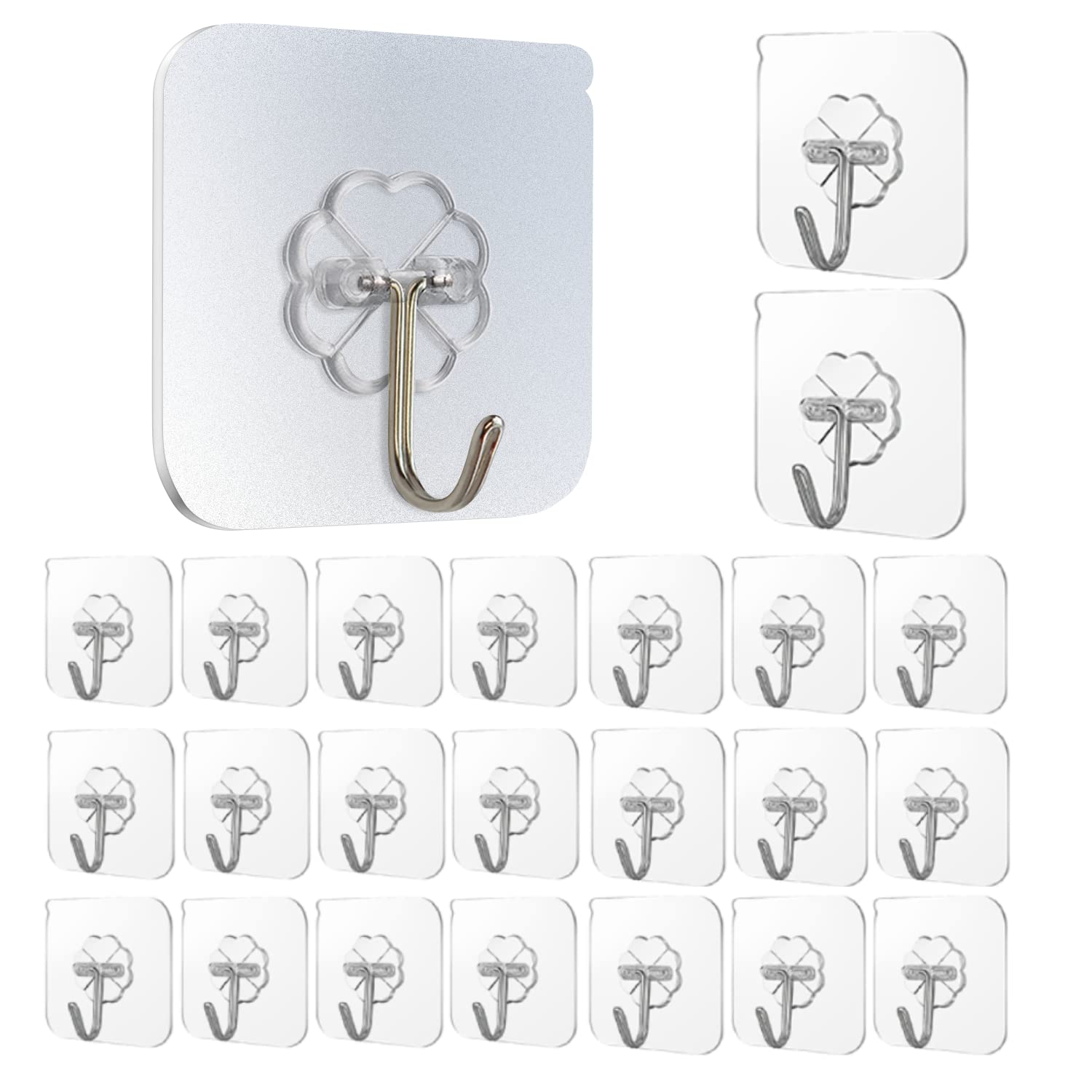 22lbs Max Adhesive Hooks - 24 Pack Transparent Reusable Wall Hanging Hooks for Bathroom & Kitchen - Strong Seamless Hanging Solution for Towels, Robes, Utensils & Home Organization