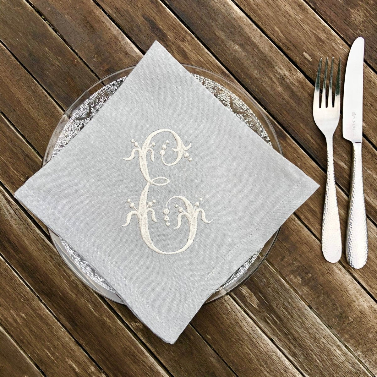 100% Pure Linen Napkins with Elegant French Embroidered Monogram - Premium Quality for Weddings, Dinner Parties & Special Occasions