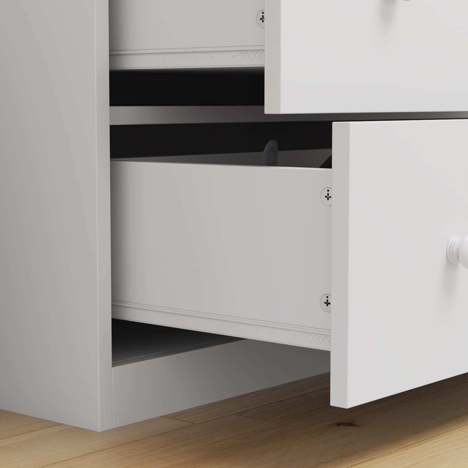 Modern White Nursery Dresser with 5 Drawers & 2 Open Shelves - 47.2