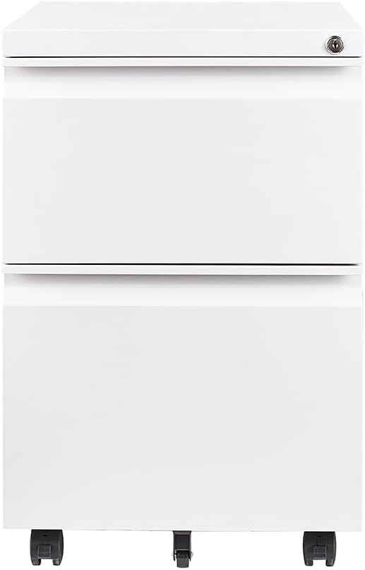 Panana 2-Drawer Mobile File Cabinet with Lock - Commercial Vertical Rolling Filing Cabinet for Letter & A4 Size Documents - Office, Home, or Classroom Storage (White)