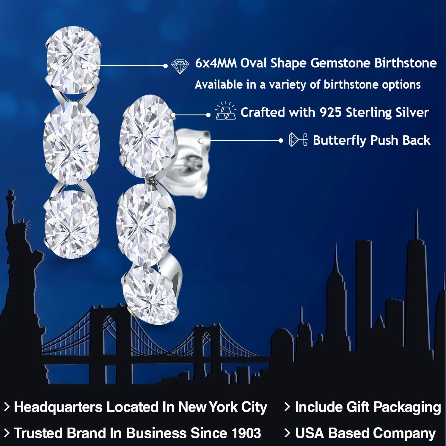 Gem Stone King 6x4mm Oval Birthstone Dangle Earrings for Women - 925 Sterling Silver 3-Stone Fine Jewelry | Perfect Gift for Mom, Wife, Her | Birthday, Anniversary, Mother's Day Present