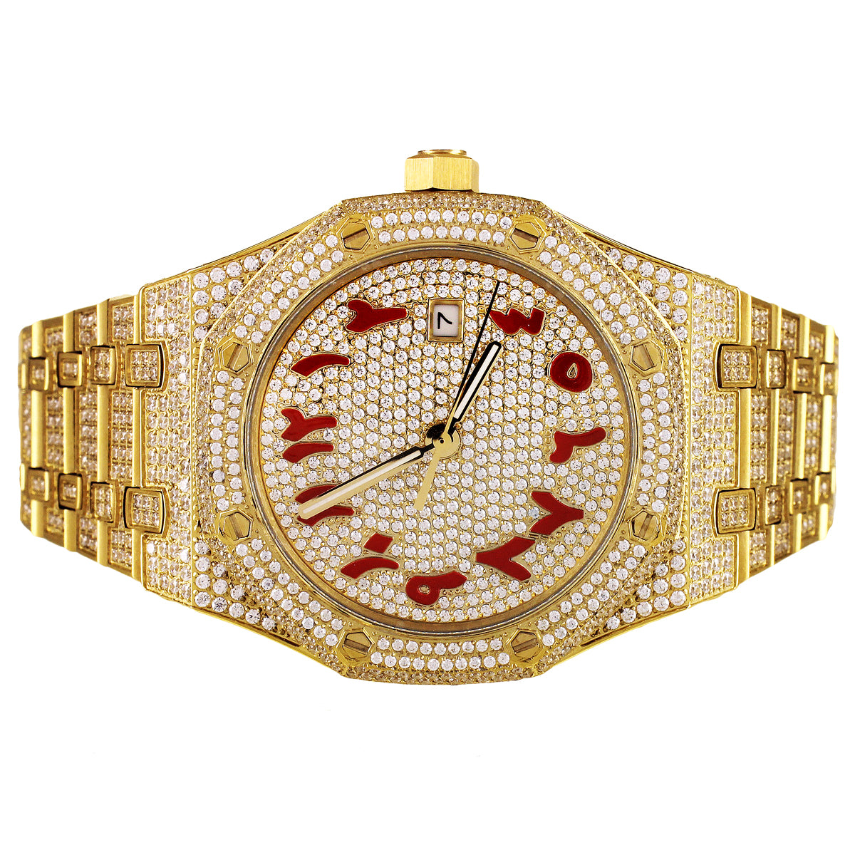 Luxury Red Arabic Dial Automatic Watch - Gold Tone Stainless Steel Men's Date Watch for Business, Casual & Formal Occasions