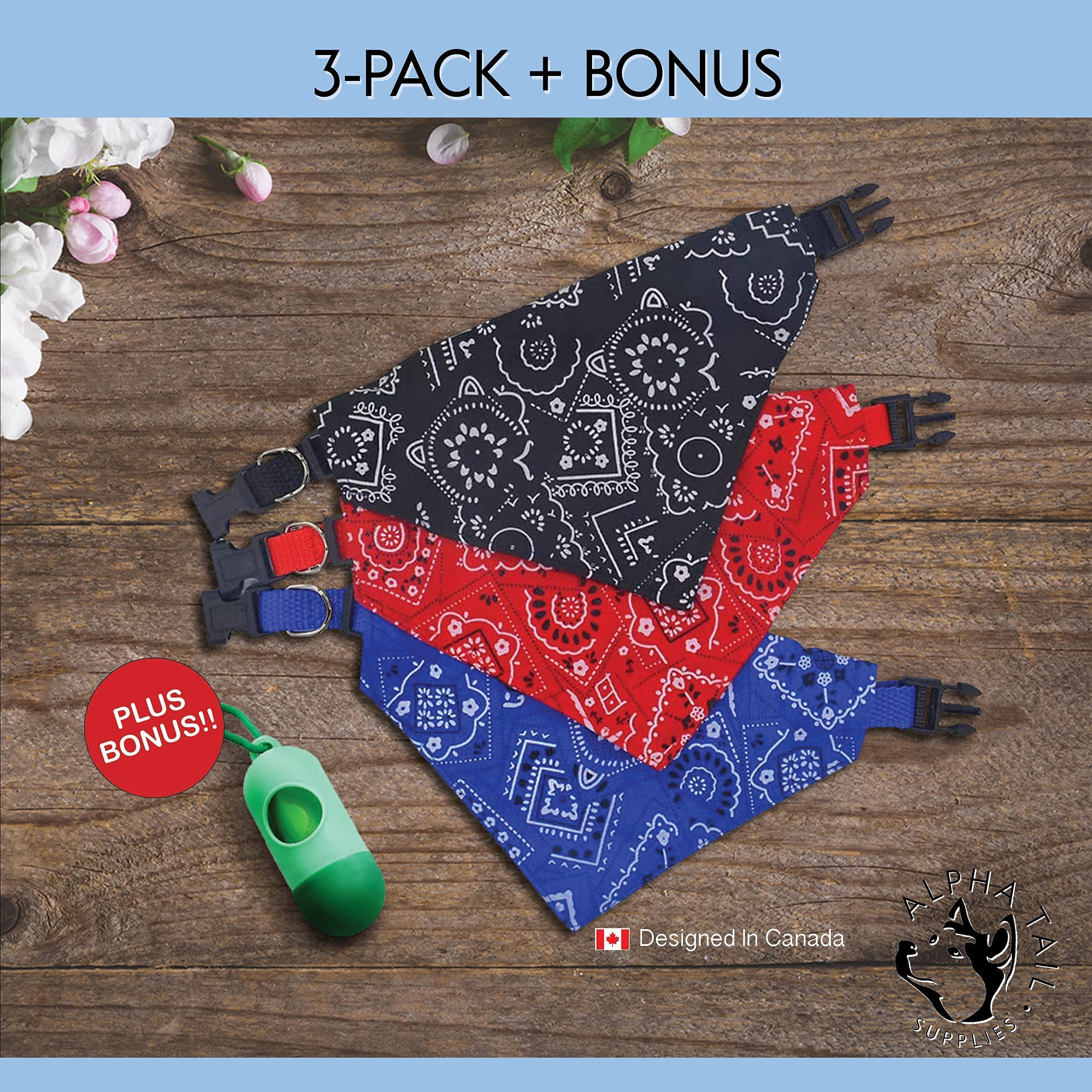 Adjustable Dog Bandana Collar Scarf for Small Medium Large Dogs & Cats - Red Blue Black Handkerchief Style with Free Poop Bag Roll & Dispenser - Perfect for Walks, Grooming & Pet Fashion Accessories