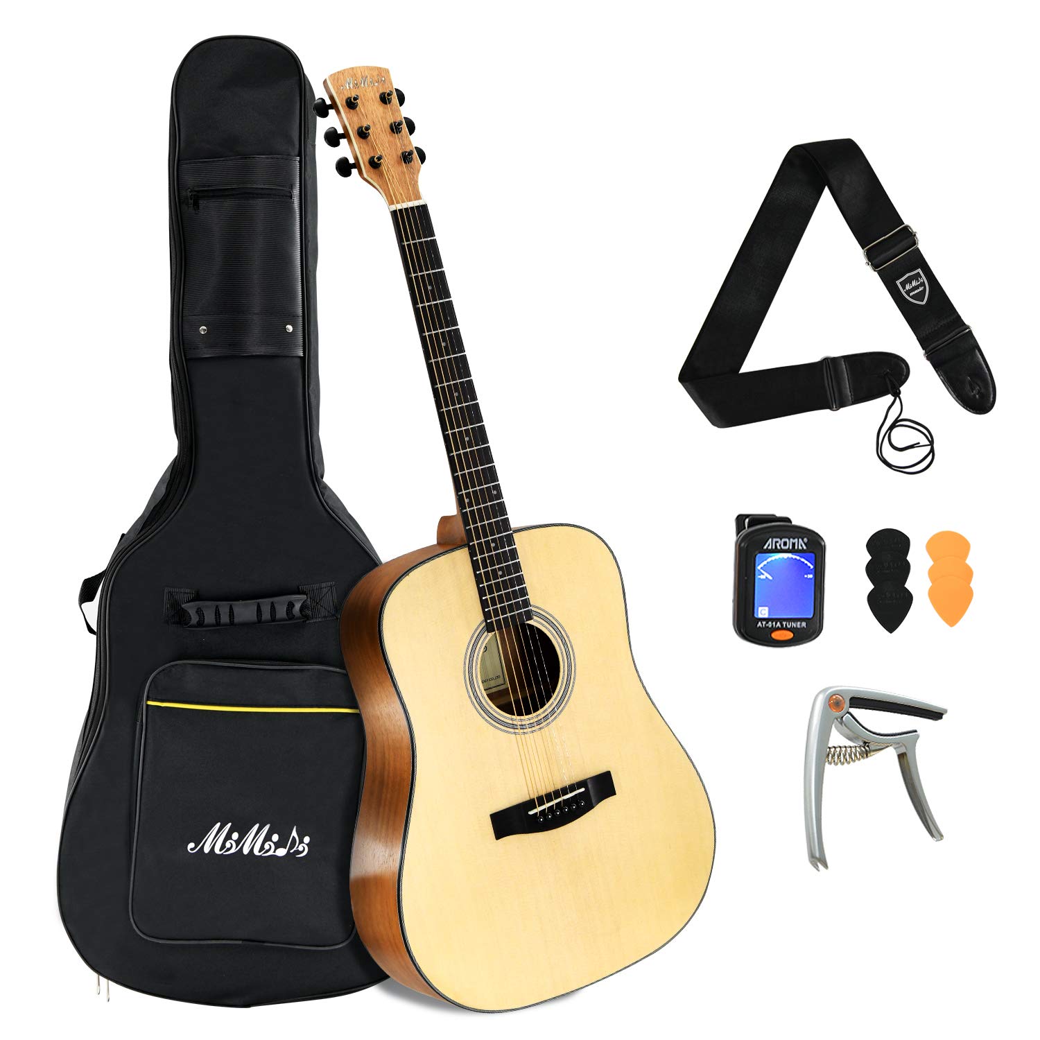 **MIMIDI 41 Inch Full Size Acoustic Guitar Beginner Kit - Includes Gig Bag, Tuner, Picks, Capo & Strap - Perfect for Beginners, Students & Campfire Singalongs**