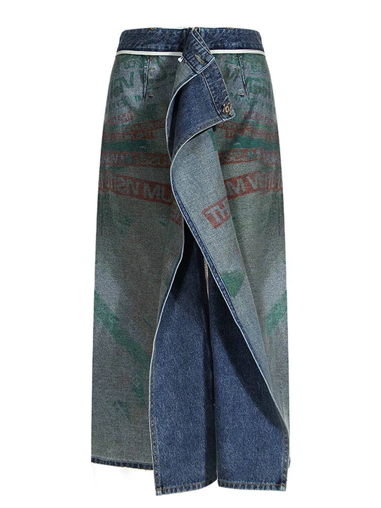 DEAT Fashion Women's Denim Skirt - Double Sided Irregular Print, Washed Cotton with Zip Detail, Mid-Calf Length for Fall & Winter | Casual Outfits, Street Style, Office Wear