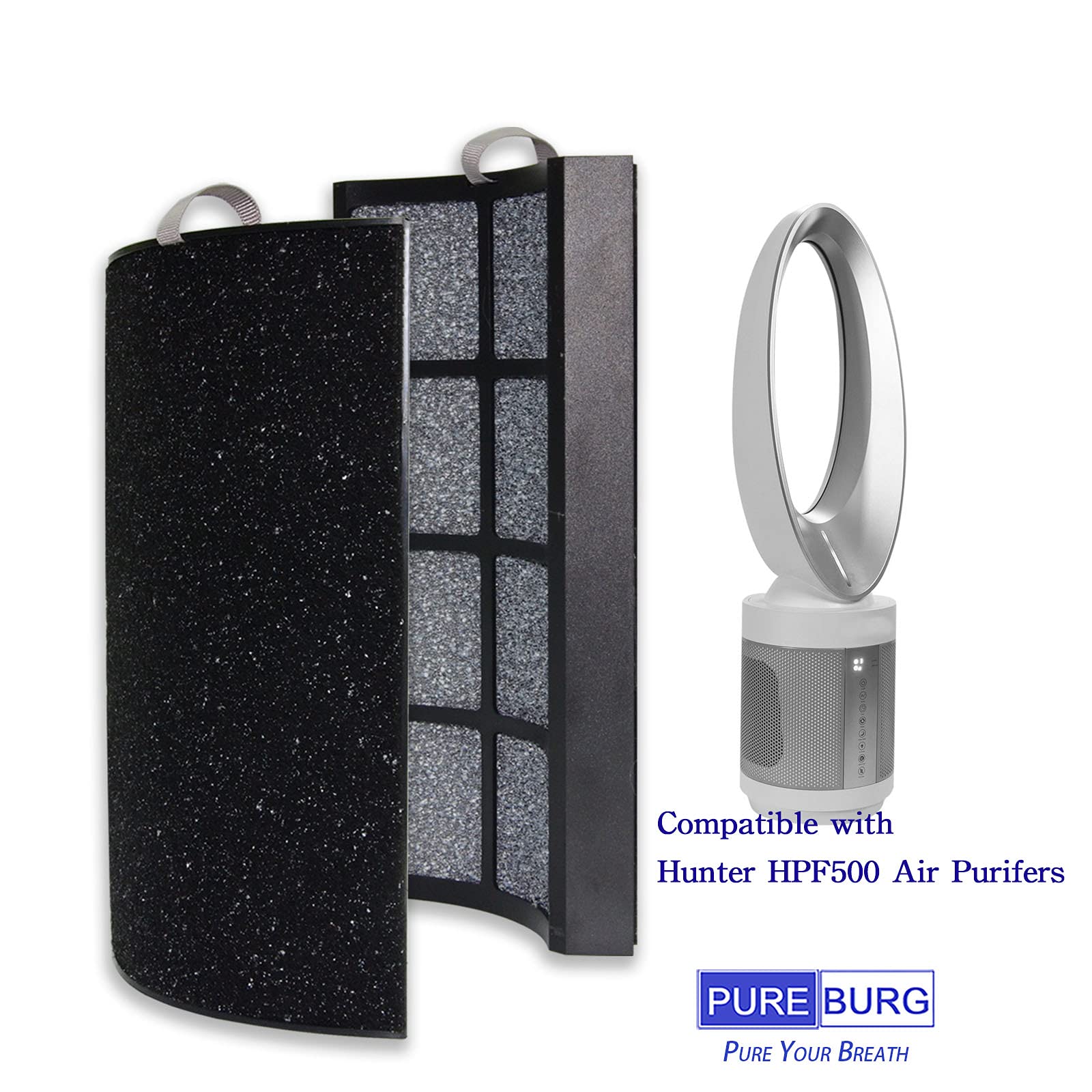 PUREBURG Replacement Air Purifier Filter Set - 2-Pack H13 HEPA + 8 Activated Carbon Pre-Filters Compatible with Hunter HPF500 Tower - Clean Dust, VOCs & Allergens for Home, Office & Bedroom Use