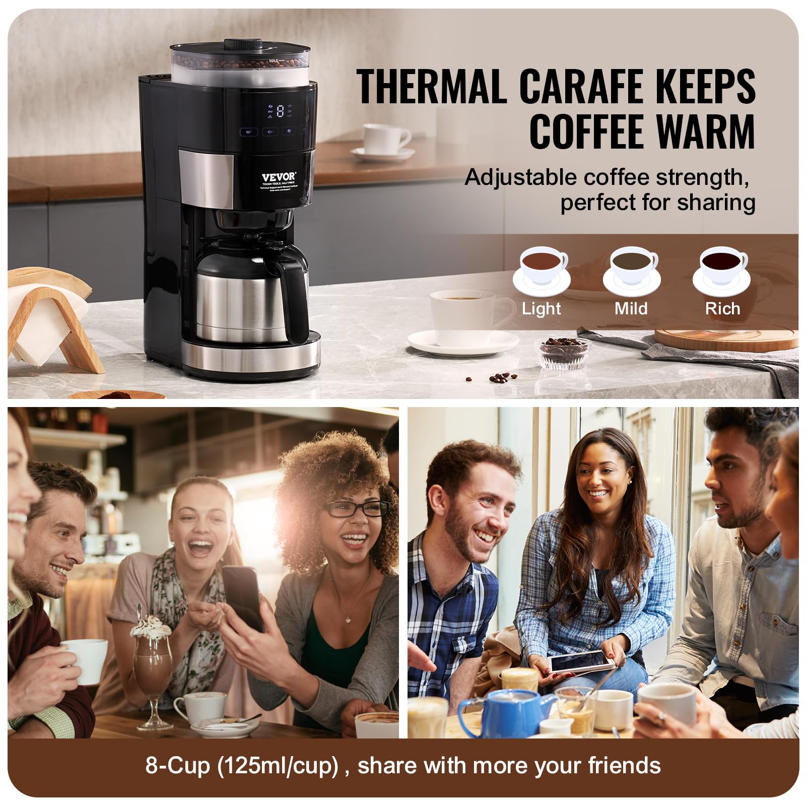 VEVOR 8-Cup Programmable Coffee Maker with Built-in Grinder - 3 Brew Strength Control, Reusable Filter & Removable Water Tank - Perfect for Home, Office & Restaurant Use - Freshly Ground Coffee Anytime