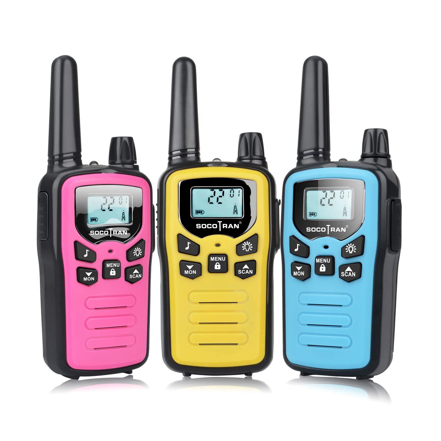 Rechargeable Walkie Talkies for Adults - 3 Pack Long Range Two-Way Radios (5 Miles) with USB Charging Cable - Blue, Yellow, Pink - Perfect for Camping, Hiking, Outdoor Adventures & Emergency Communication