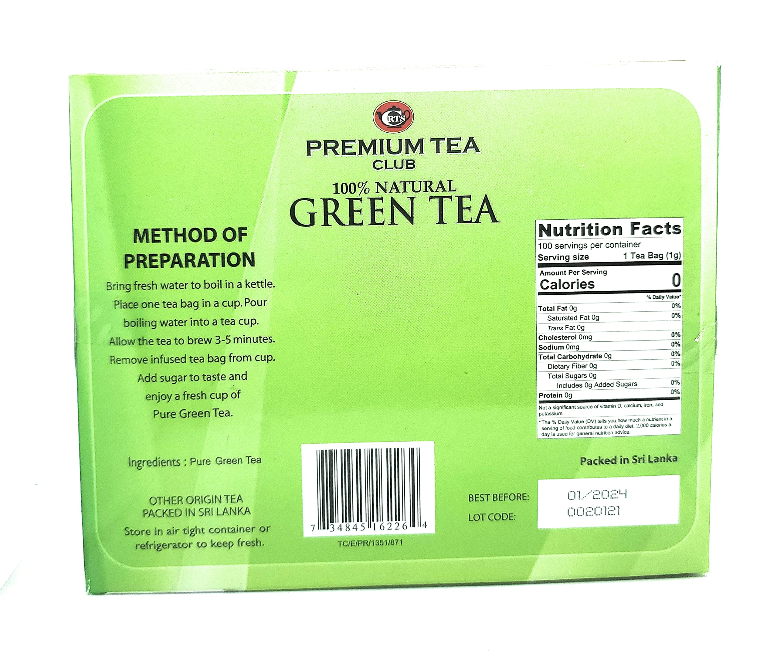 Premium Organic Green Tea Bags - 100% Natural Ceylon Green Tea, 100 Count - Antioxidant Rich for Energy Boost & Relaxation - Perfect for Morning Refreshment or Afternoon Tea Break