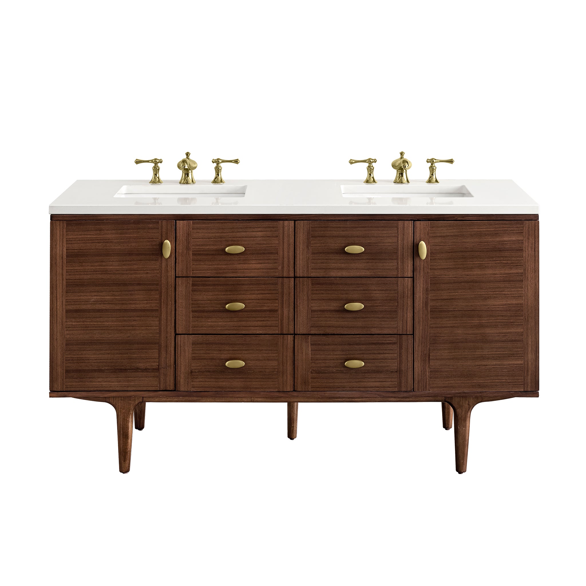 Amberly 60 Inch Double Bathroom Vanity with Mid-Century Modern Walnut Finish & 3CM White Zeus Quartz Top - Perfect for Master Bathroom Renovation and Modern Home Decor