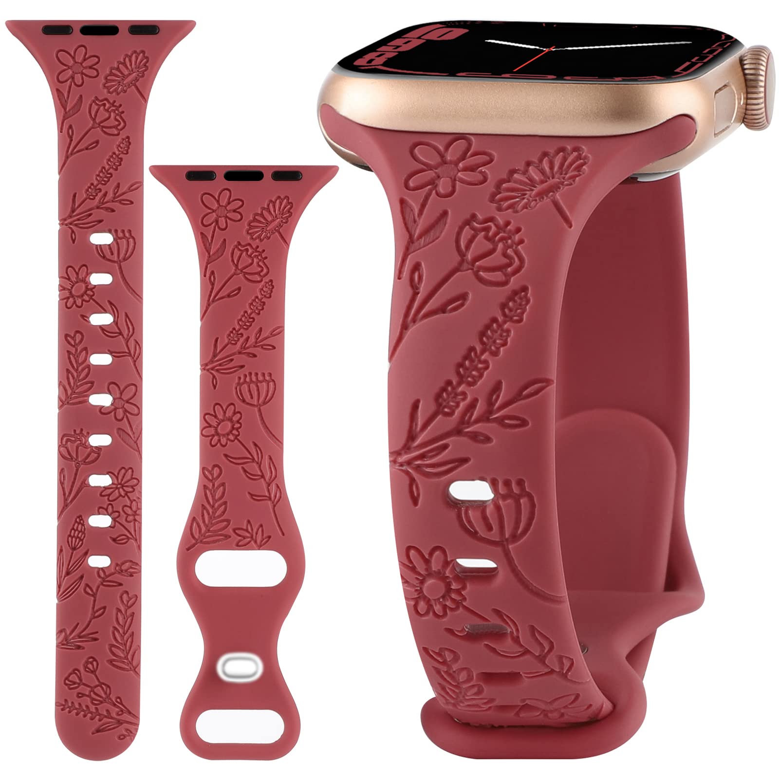 Flower Engraved Slim Bands for Apple Watch 38mm 40mm 41mm - Floral Thin Narrow Soft Silicone Sport Strap Replacement Wristband Compatible with iWatch Series SE 7/6/5/4/3/2/1 - Perfect for Women's Workouts, Yoga & Everyday Fashion Accessory