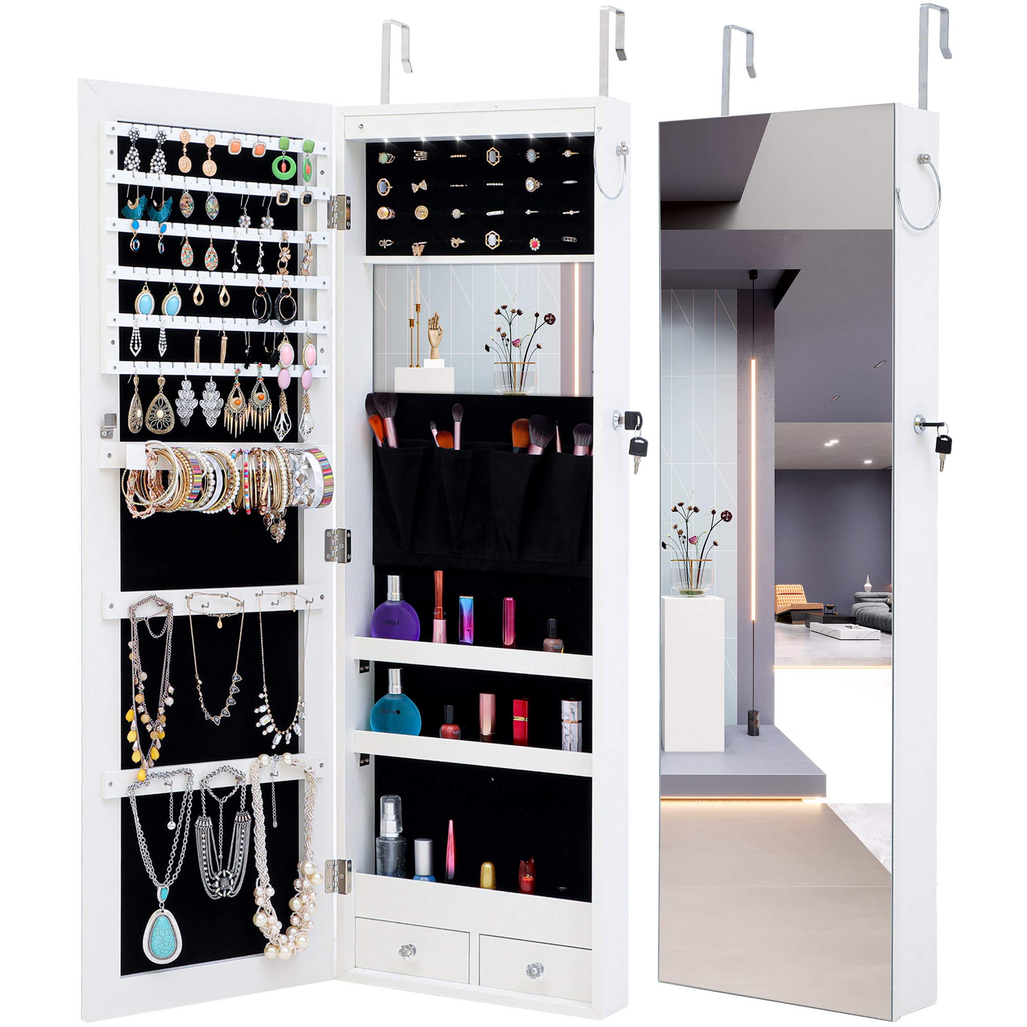HOUAGI Upgraded LED Jewelry Cabinet with Full-Length Mirror - 43.6