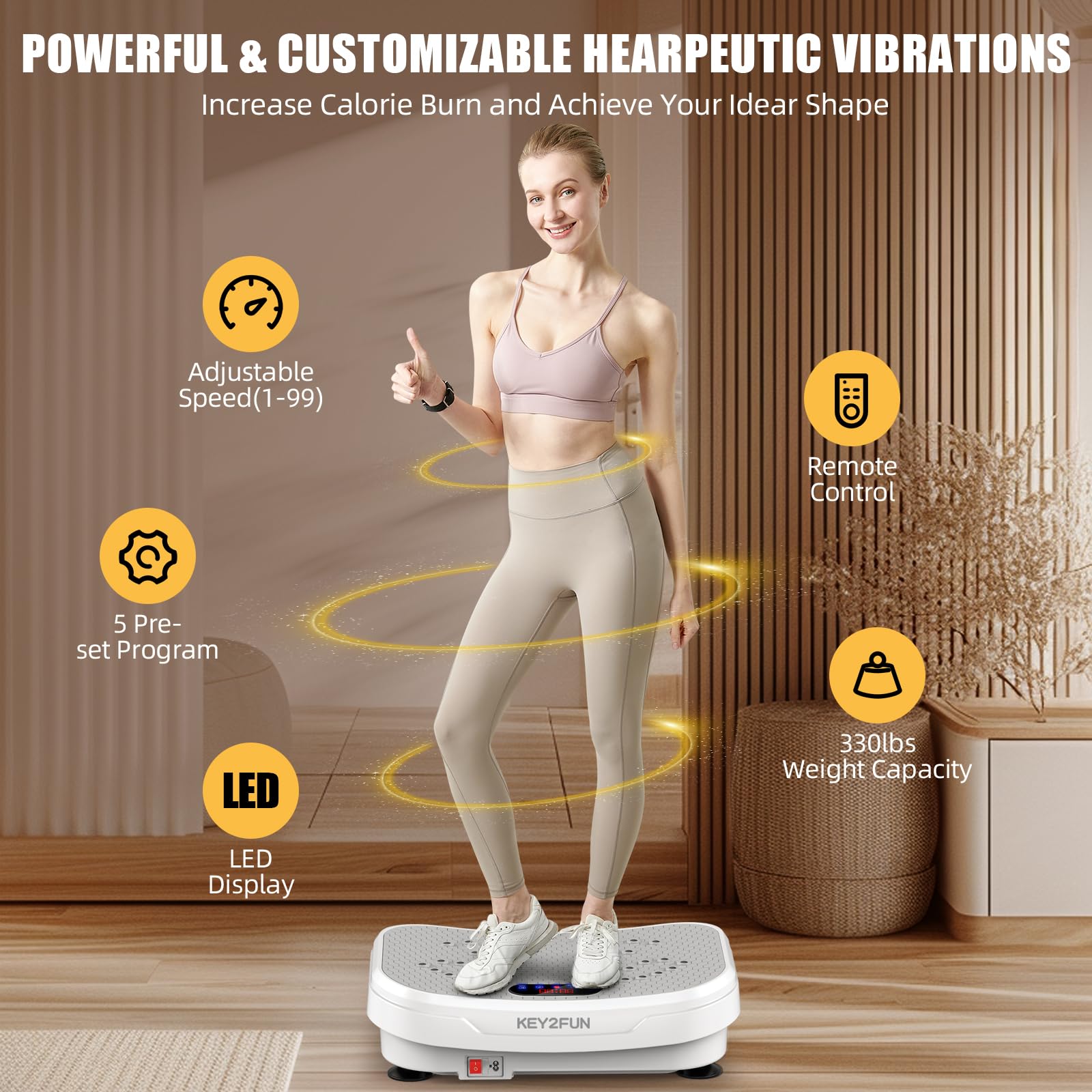 KEY2FUN 2025 Upgraded Vibration Plate Exercise Machine - Large-Size Vibrating Platform for Lymphatic Drainage & Home Fitness with Resistance Bands, 330LBS Capacity - Perfect for Weight Loss, Muscle Toning, and Circulation Improvement at Home or Gym