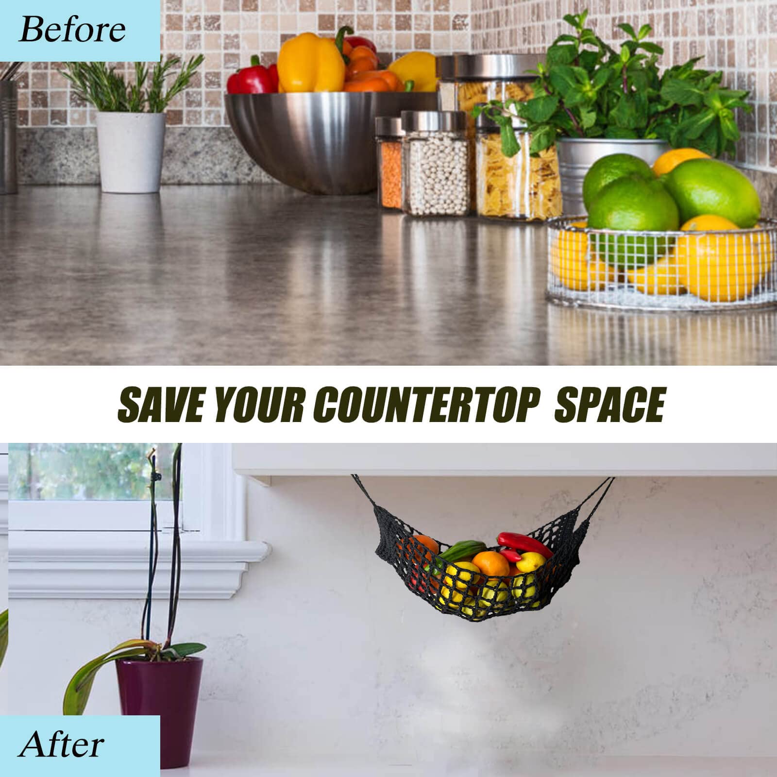 Large Macrame Fruit Hammock Under Cabinet - Space Saving Hanging Basket for Bananas, Vegetables & Fruits | Perfect for Kitchen, RV, Camper & Boat (Black) | Organize Countertops & Keep Produce Fresh