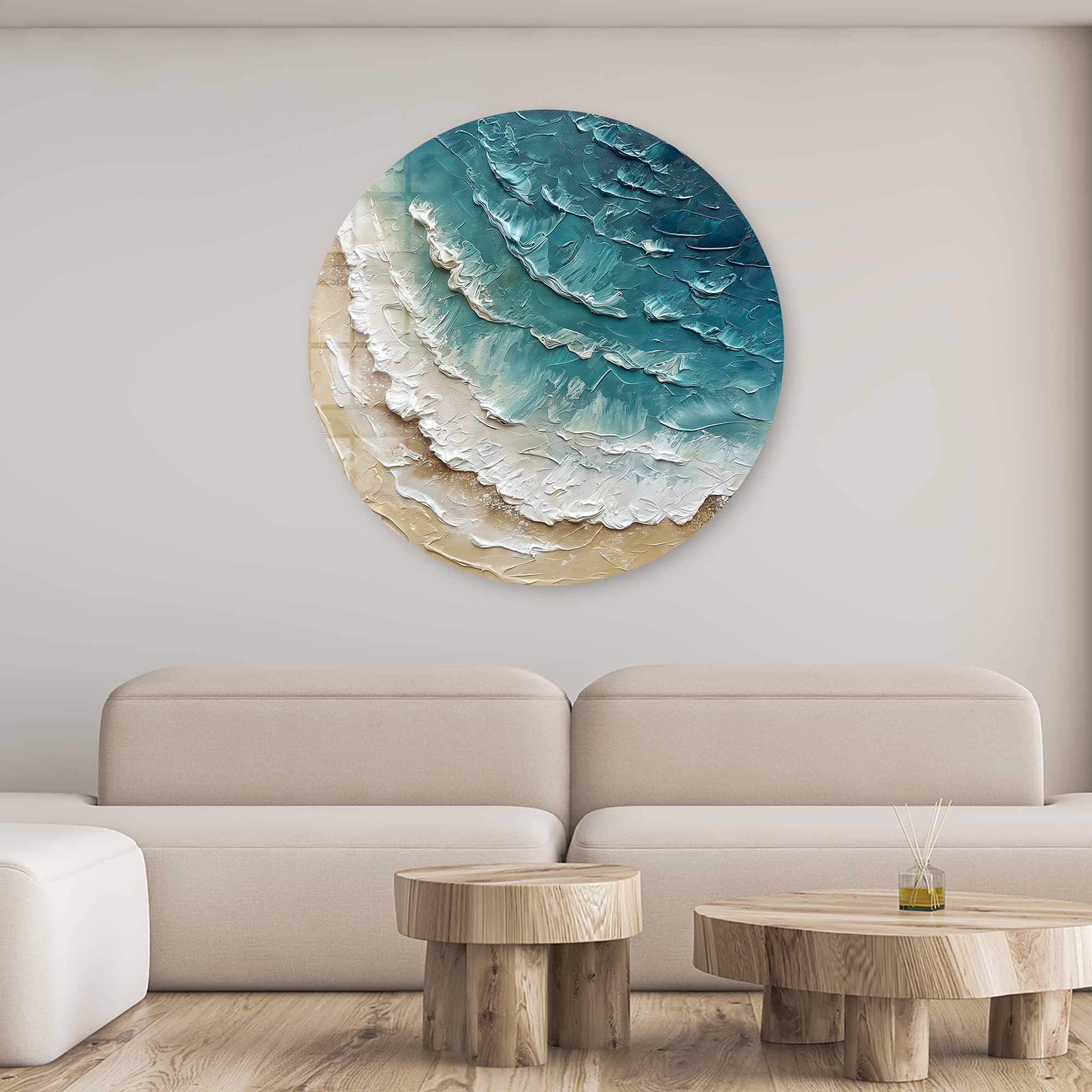 Modern Rounded Glass Wall Art with Ocean Wave Painting - Perfect for Living Room, Bedroom & Office Decor