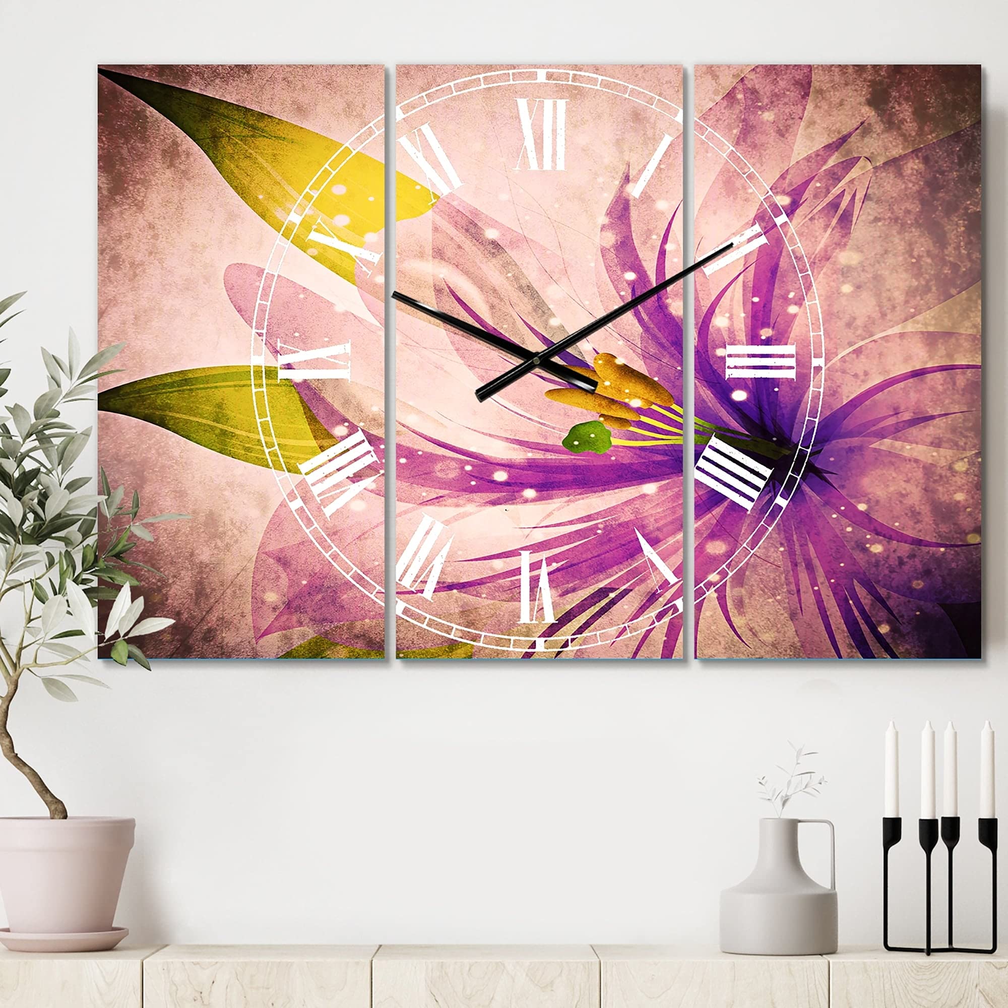 Designart 'Glowing Lily Flower' Oversized 3-Panel Wall Clock - 36