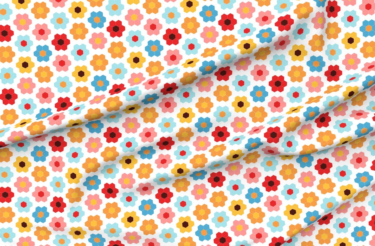 Flower Garden Cheater Quilt Hexagon Abstract Geometric Retro Spring Print Upholstery Velvet Fabric by The Yard - Home Decor, Apparel & DIY Craft Projects - Perfect for Sofa Covers, Curtains, Quilting and Spring Fashion Sewing