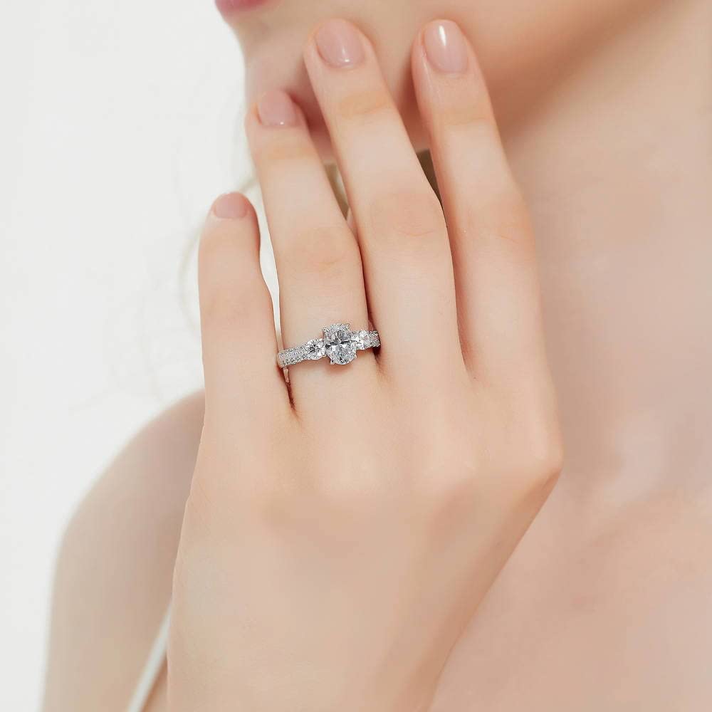 BERRICLE Sterling Silver 3-Stone Oval Cut Cubic Zirconia Engagement Ring for Women - 1.2 Carat CZ Wedding Promise Ring, Rhodium Plated, Size 4-10 - Perfect for Proposals, Anniversaries & Special Occasions