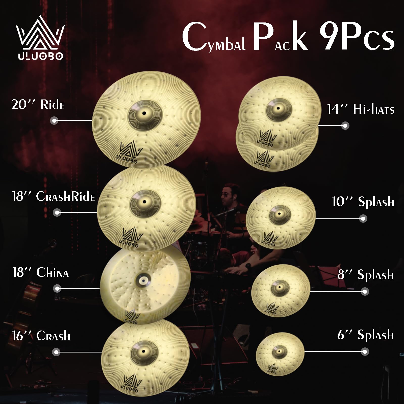 9-Piece Cymbal Pack for Drum Set - Premium Brass Cymbals for Drummers | Perfect for Live Performances, Studio Recording & Practice Sessions