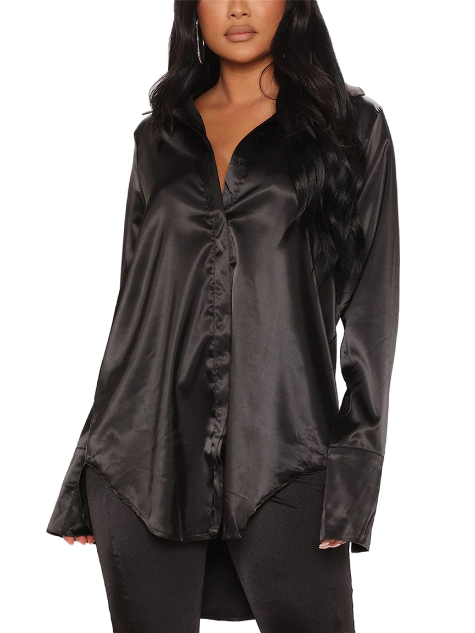 Women's Silk Blouse Button Down Shirt - Casual Loose Fit Long Sleeve Work Shirt for Office, Business & Everyday Wear