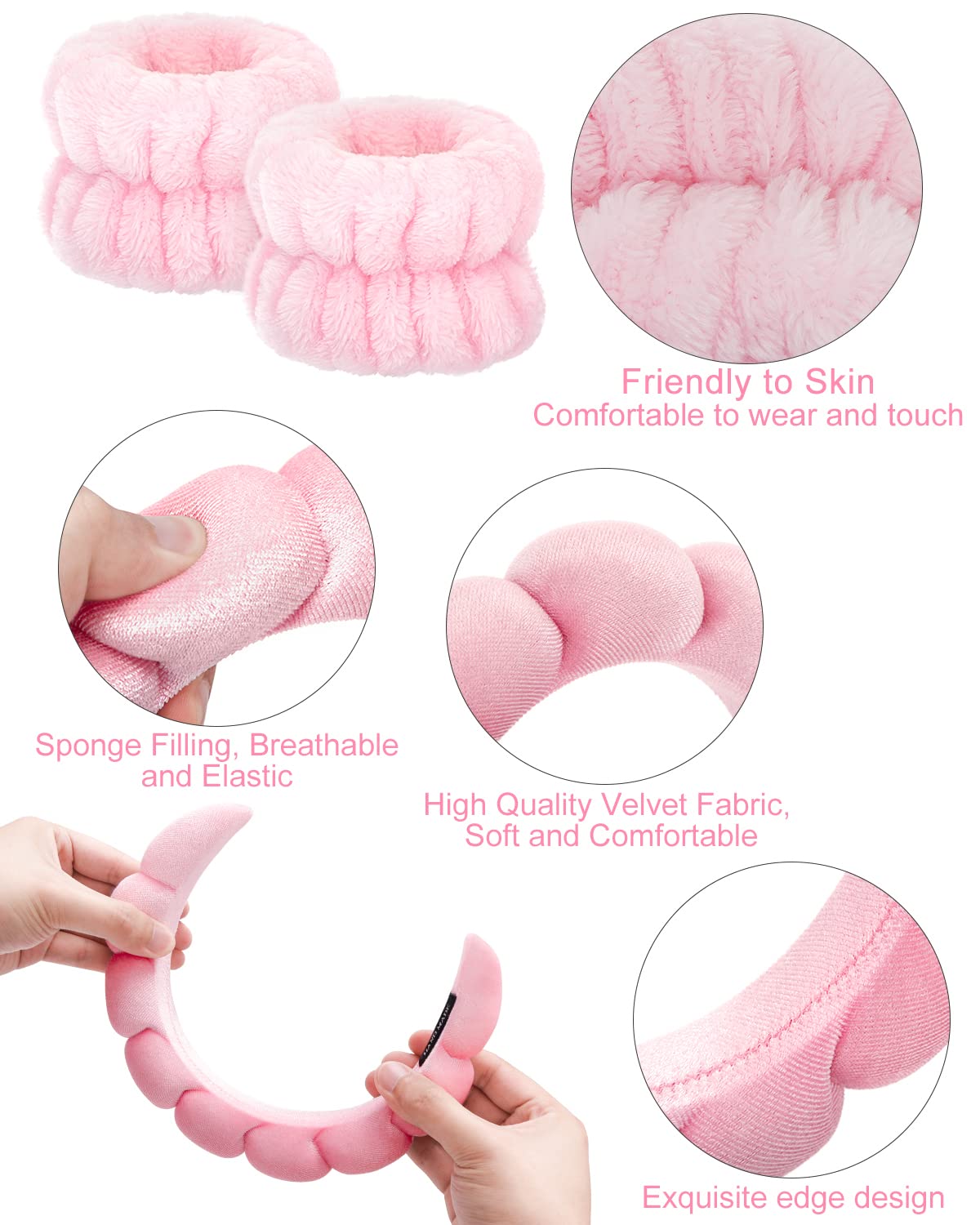PGRODE 4 Pack Soft Spa Headbands for Women - Black Makeup & Skincare Headband Set with 2 Reusable Makeup Remover Cloths - Perfect for Washing Face, Beauty Routine & Spa Days at Home