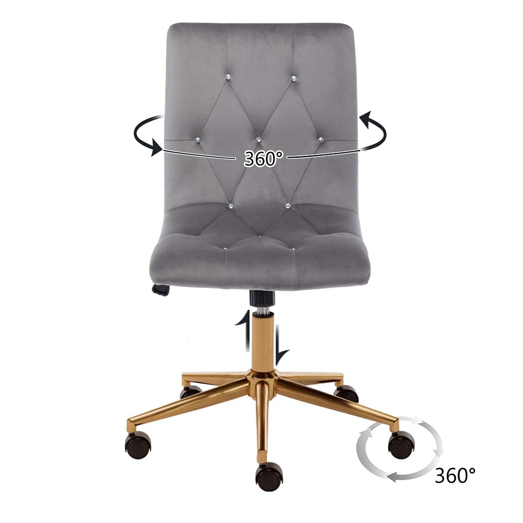 DUHOME Armless Velvet Tufted Office Chair - Adjustable Rolling Desk Chair with Wheels & Back Support, Grey - Perfect for Home Office, Computer Work & Vanity Dressing