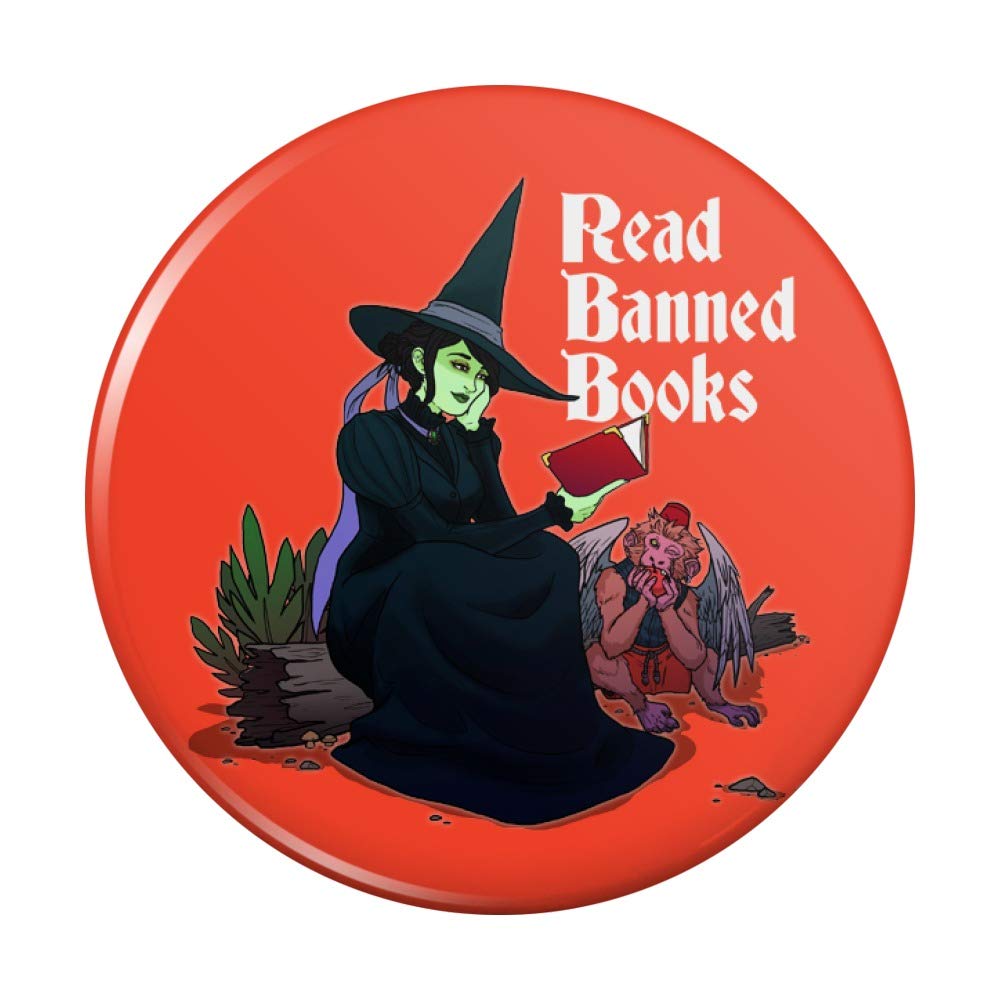 Witch and Monkey Pinback Button - Read Banned Books - Protest Pin for Backpacks, Jackets & Political Events