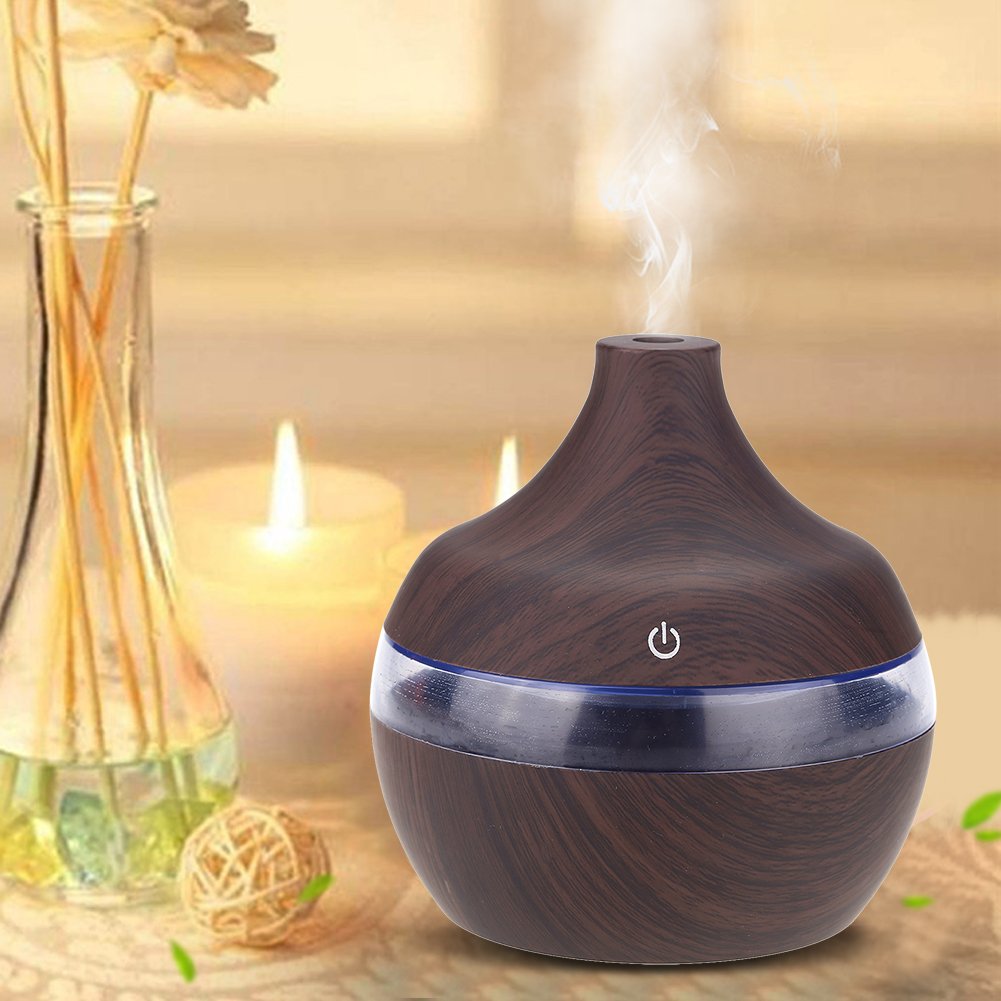 Wood Grain Humidifier 300ml - USB Powered Cool Mist Humidifier with Colorful LED Night Light for Home, Office, Car & Bedroom - Perfect for Dry Air Relief, Aromatherapy & Baby Nursery