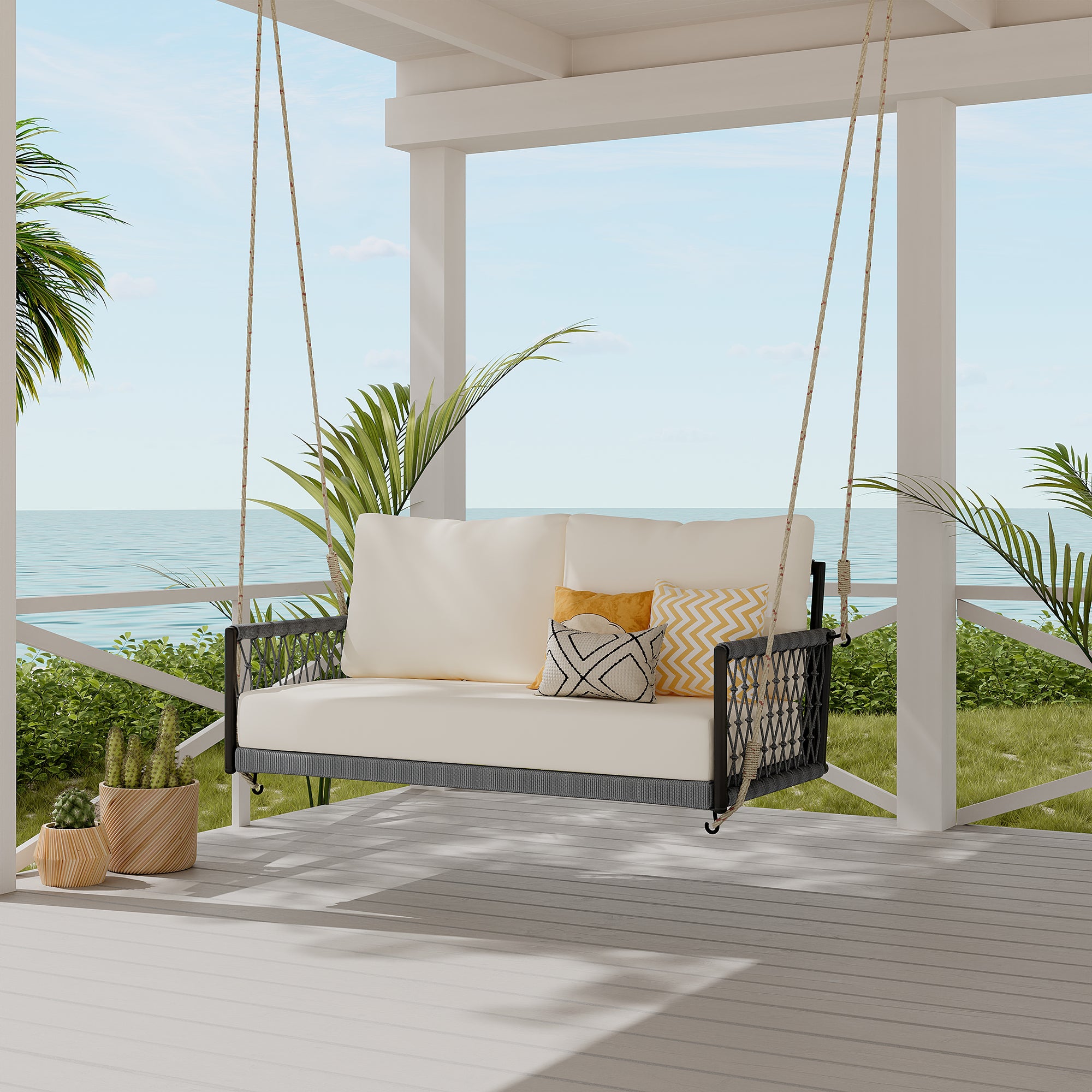 1 Piece Woven Rope Outdoor Swing Sofa with Soft Cushions - Seats 2 People - Perfect for Patio, Courtyard, Balcony & Backyard Relaxation - Durable Hanging Chair for Garden, Poolside or Porch