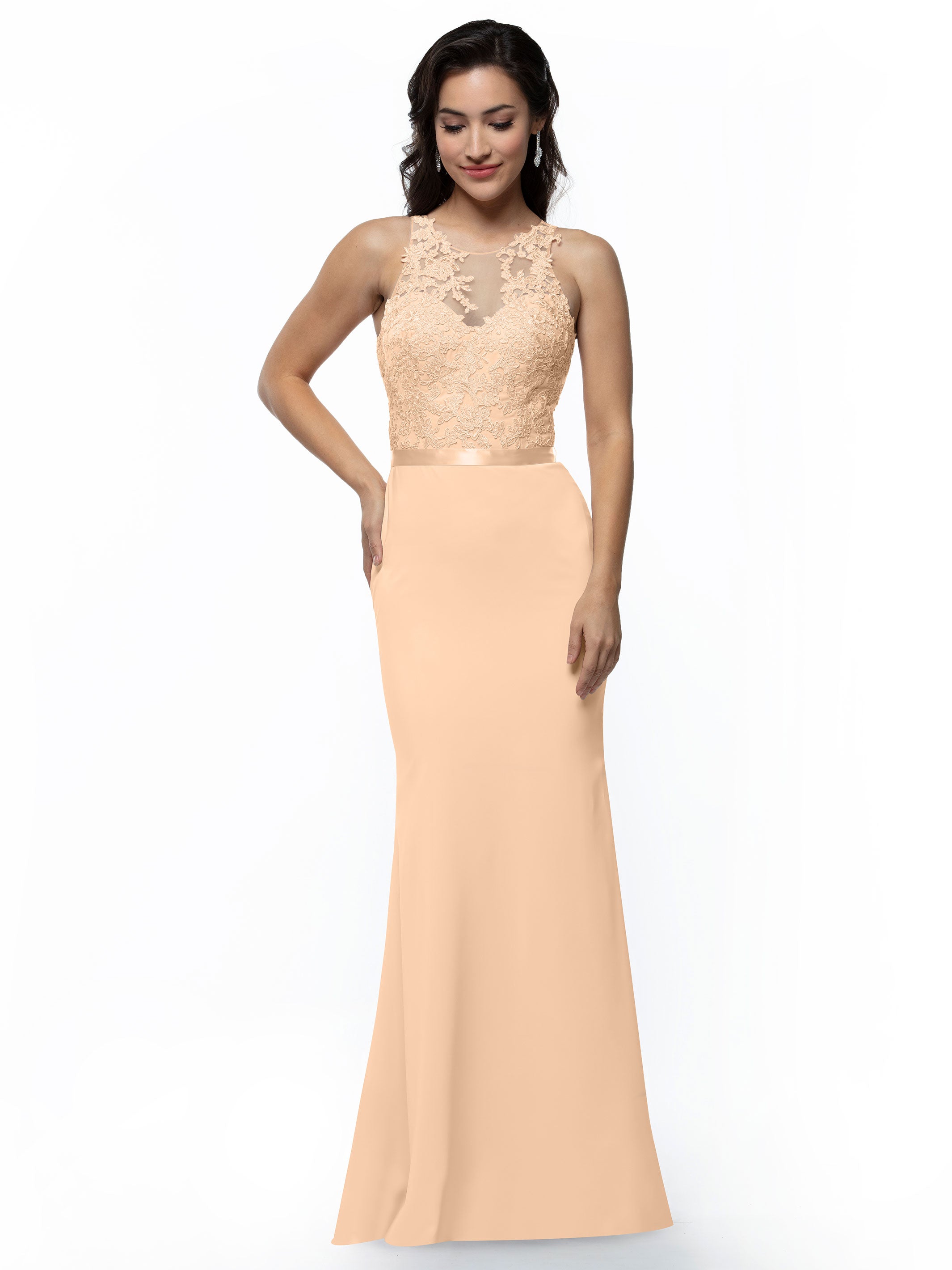 Elegant 80095 Stretch Chiffon Fit and Flare Bridesmaid Dress with Lace Illusion Bodice - Perfect for Weddings, Formal Events & Special Occasions