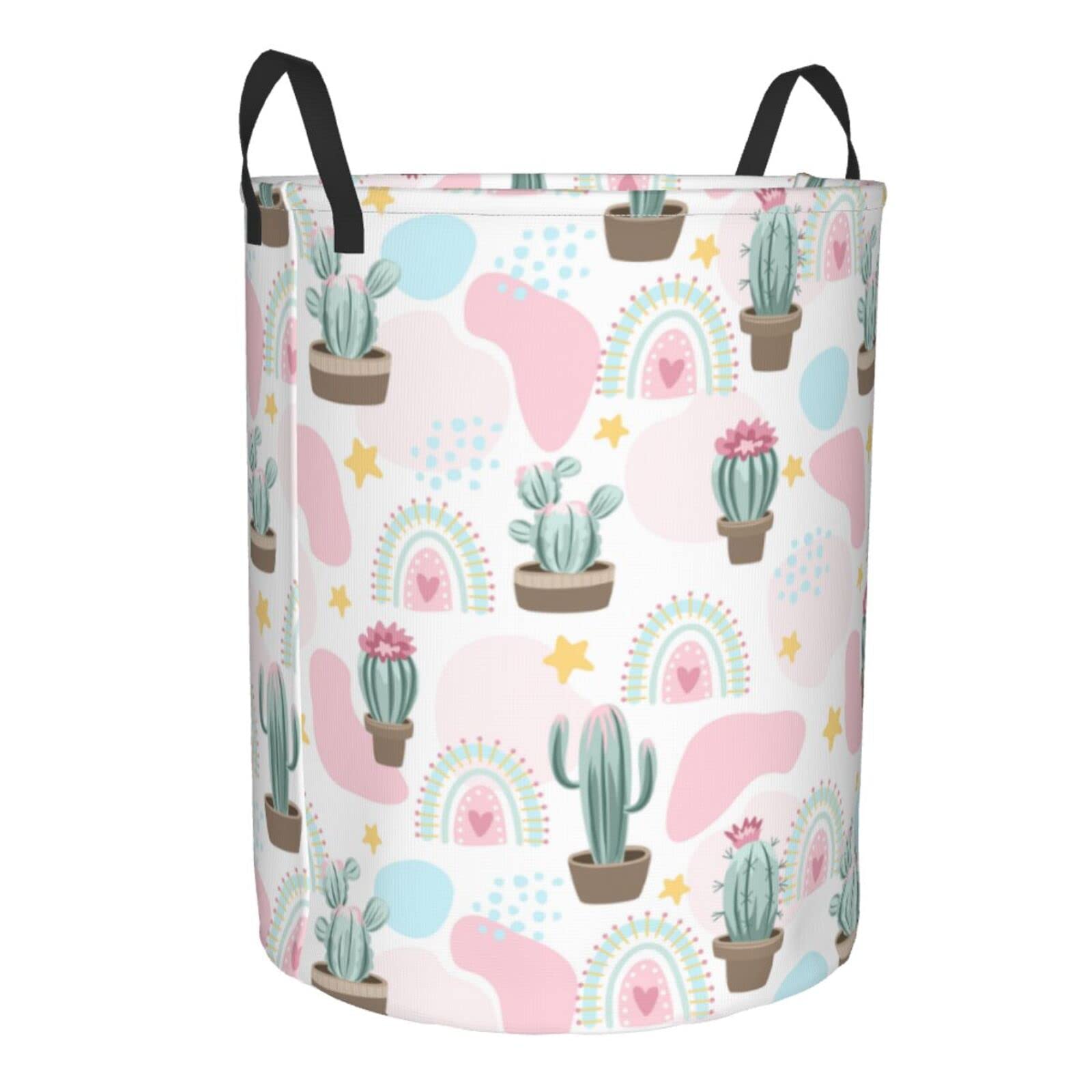 Cute Cactus Cow Print Collapsible Laundry Basket with Handle - Waterproof Fabric Hamper for Clothes, Toys & Bathroom Storage - Space Saving Large Dirty Clothes Bin for Home, Dorm & Nursery Organization