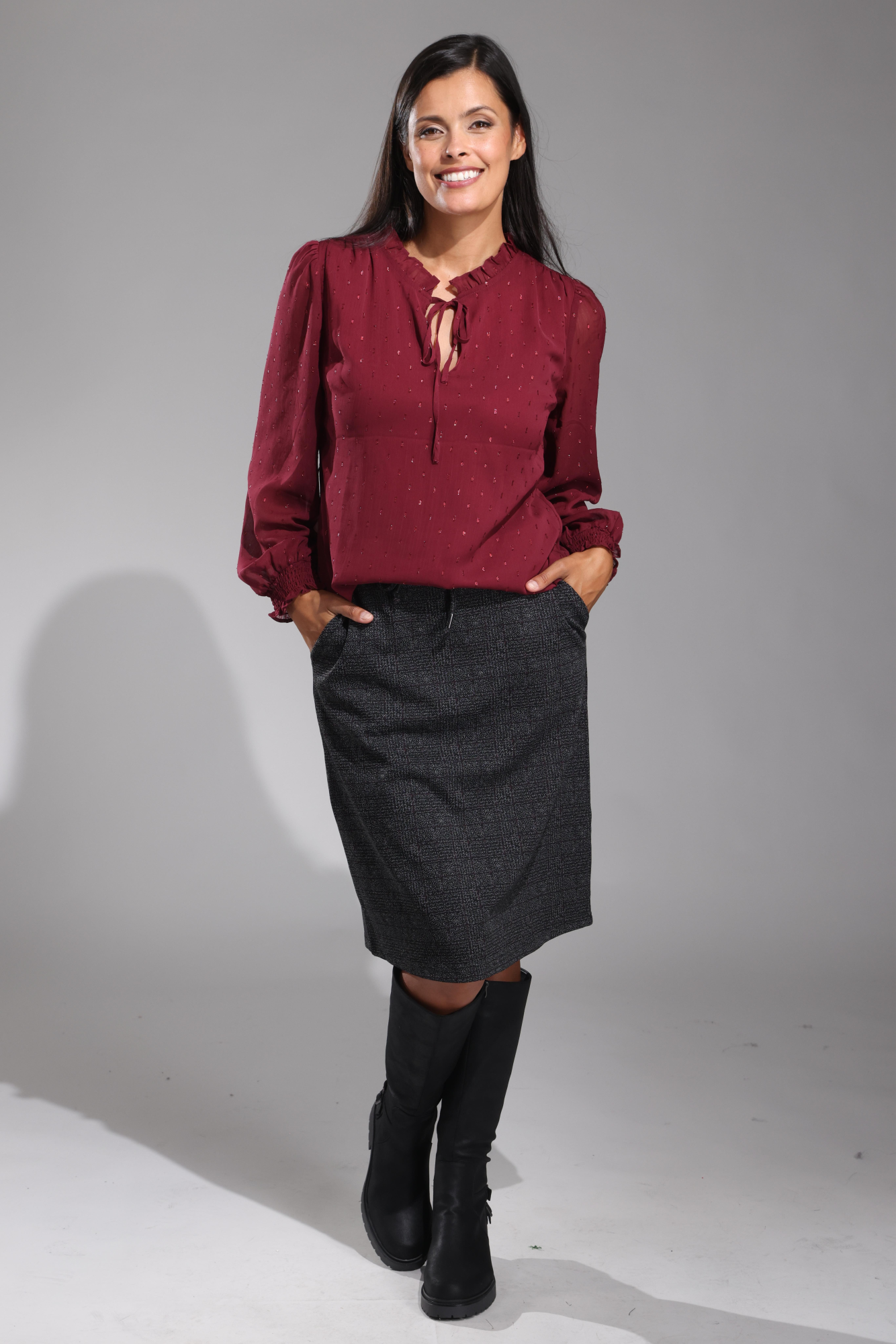 Elegant Pull-On Jacquard Ponte Skirt in Berry & Charcoal | Women's Stretchy Comfortable Midi Skirt | Perfect for Work, Office, and Casual Outings | Style 7811BR