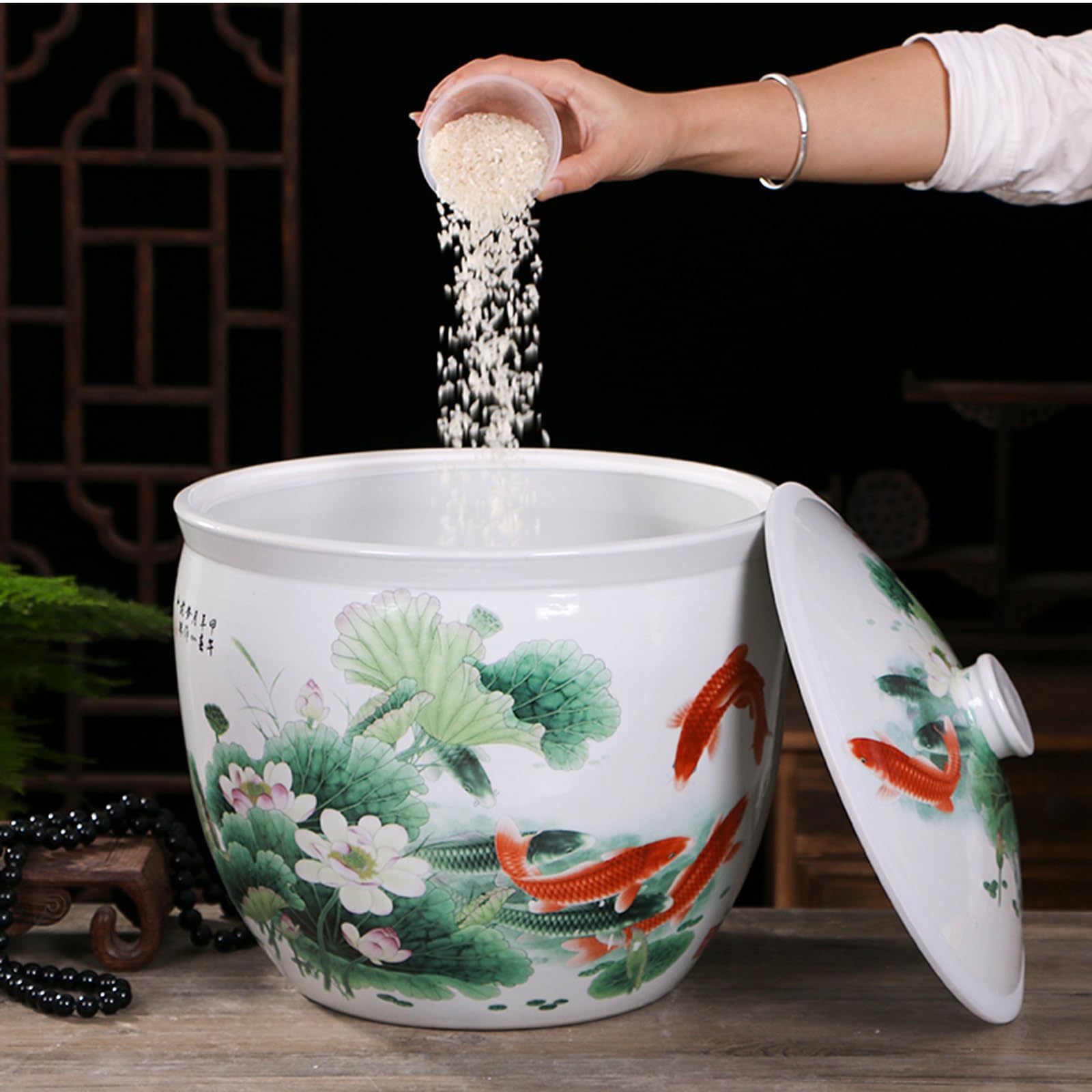 Premium Ceramic Rice Storage Jar with Lid - Airtight Food Container for Rice, Grains & Spices - Elegant Chinese Style Decorative Kitchen Canister - Perfect for Pantry Organization & Countertop Display