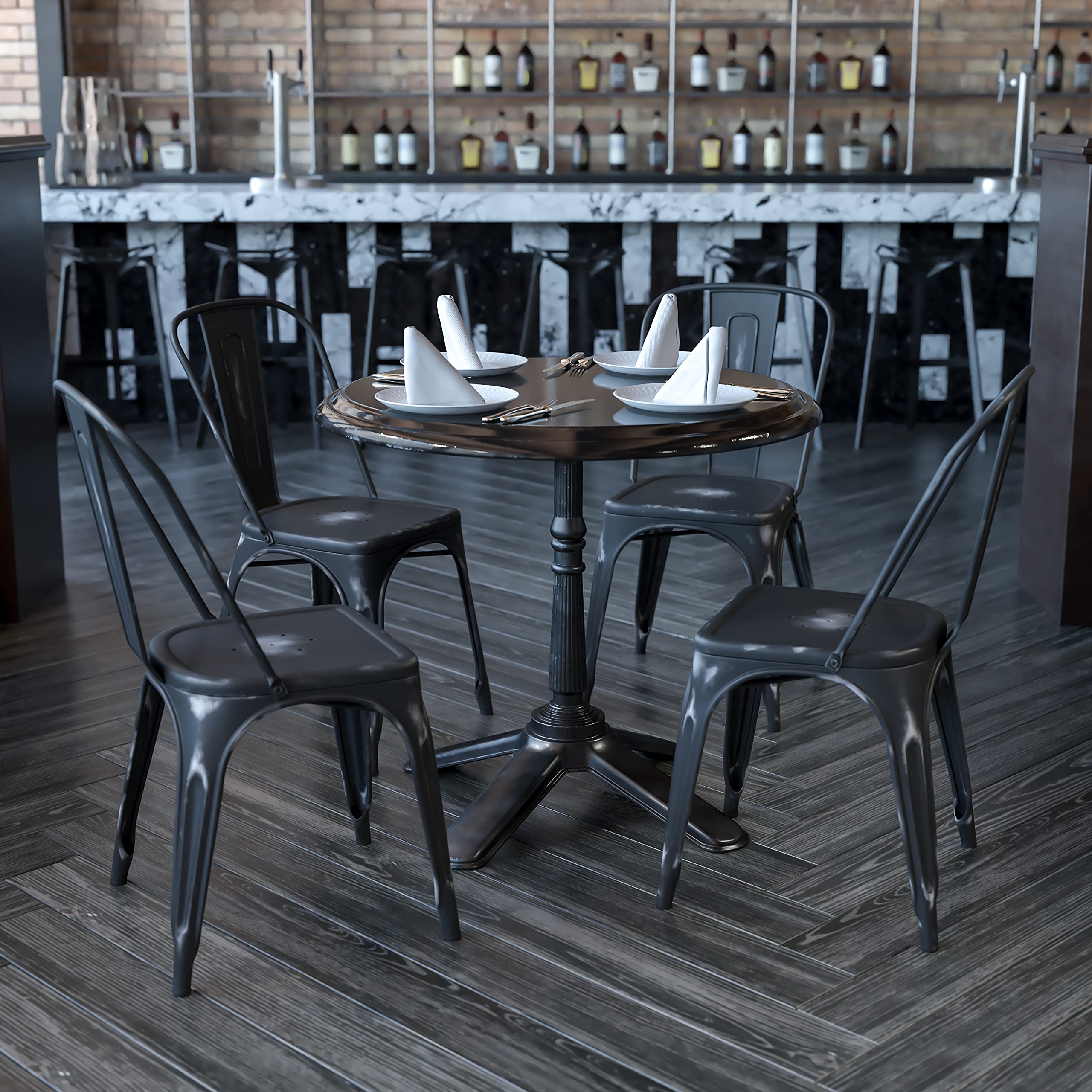 4 Pack Distressed Black Metal Stackable Chairs for Indoor & Outdoor Use - Rustic Kitchen Dining Chairs, Patio Furniture, Restaurant & Cafe Seating