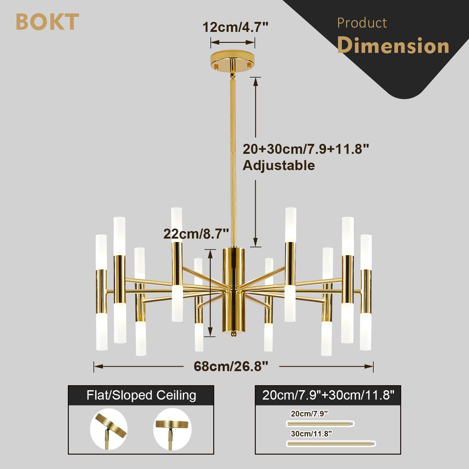 BOKT Modern 20-Light LED Sputnik Chandelier - Mid Century Pendant Light with Acrylic White Shades & Gold Finish - Semi Flush Mount Ceiling Fixture for Dining Room, Living Room, Bedroom (Small Size)