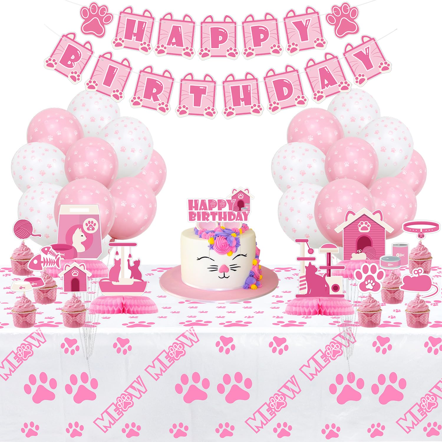 Cat Birthday Party Decorations Set - Pink Cat Banner, Honeycomb Centerpieces, Paw Balloons & Tablecloth for Kids & Cat Lovers | Perfect for Birthday Parties, Baby Showers & Themed Events
