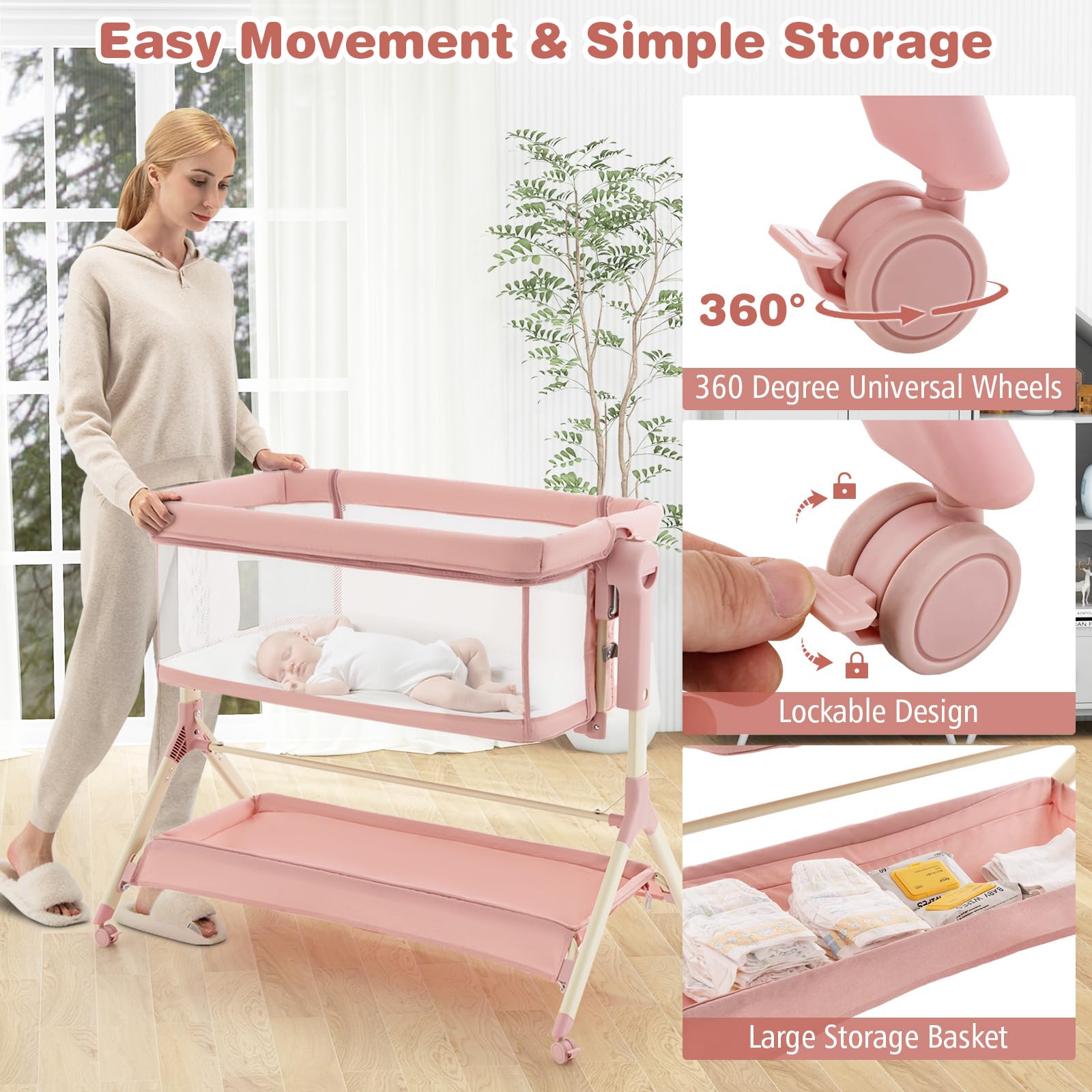 BABY JOY 3-in-1 Rocking Bassinet with Storage Basket | Adjustable Height Baby Bedside Sleeper with Universal Wheels, Mattress & Portable Bag | Nursery, Bedroom & Travel Use (Pink)
