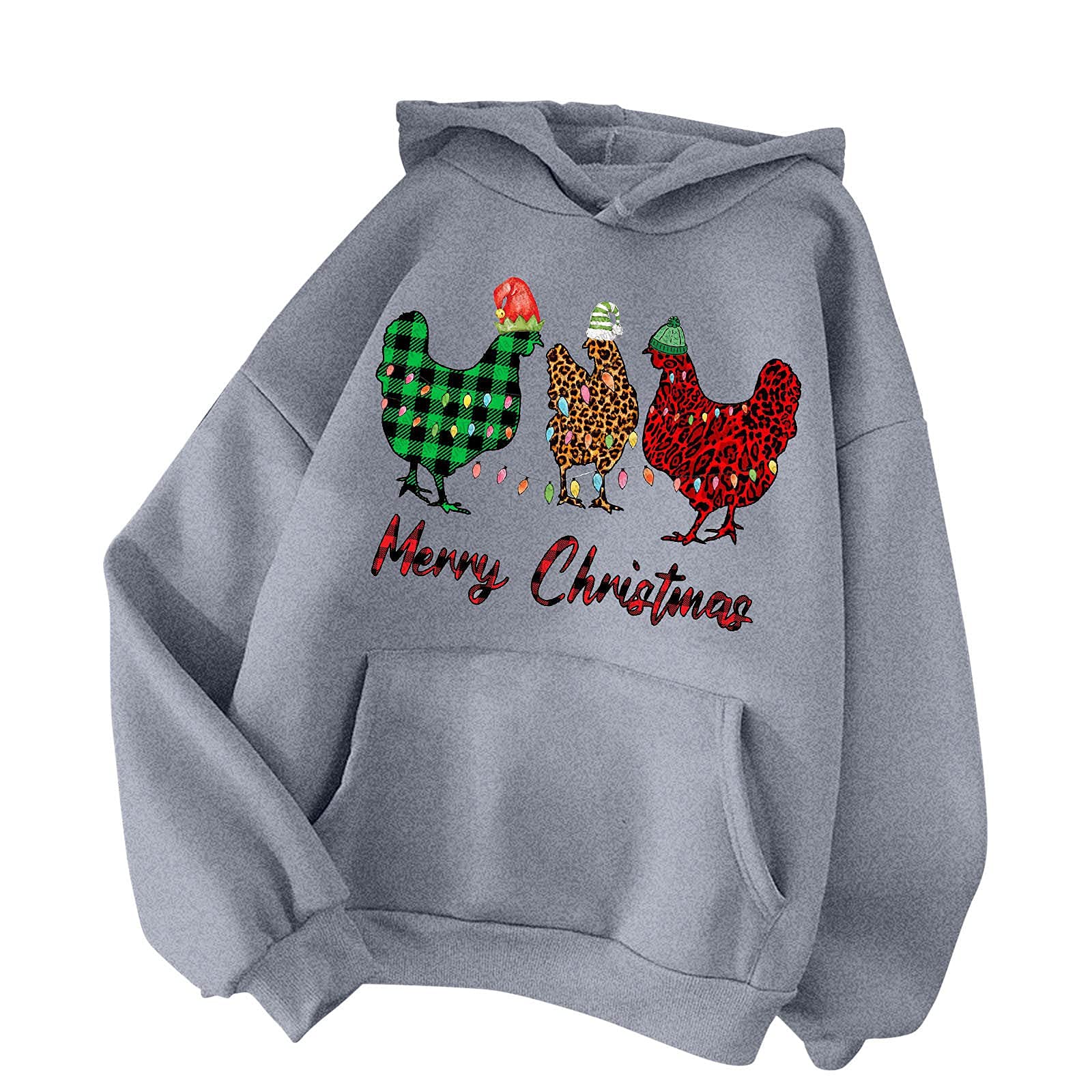 Women's Christmas Hoodie with Cute Chicken Graphic - Long Sleeve Pullover Sweatshirt with Drawstring - Solid Color Cozy Winter Wear for Holiday Parties & Casual Outings