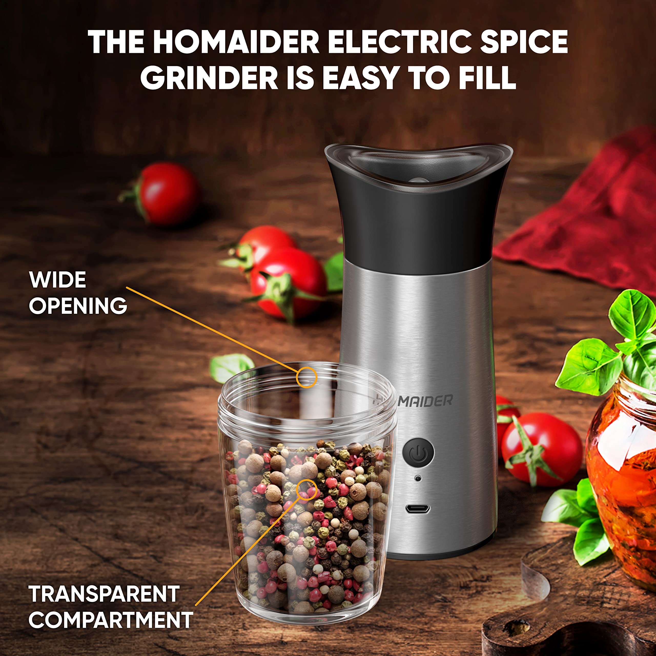 Premium Electric Salt and Pepper Grinder Set - Rechargeable Automatic Spice Mill with Adjustable Coarseness - Includes Wooden Stand, Cleaning Brush, LED Lights & Dual Charging Cables - Perfect for Kitchen, Dining Table & Outdoor Cooking (Set of 2)