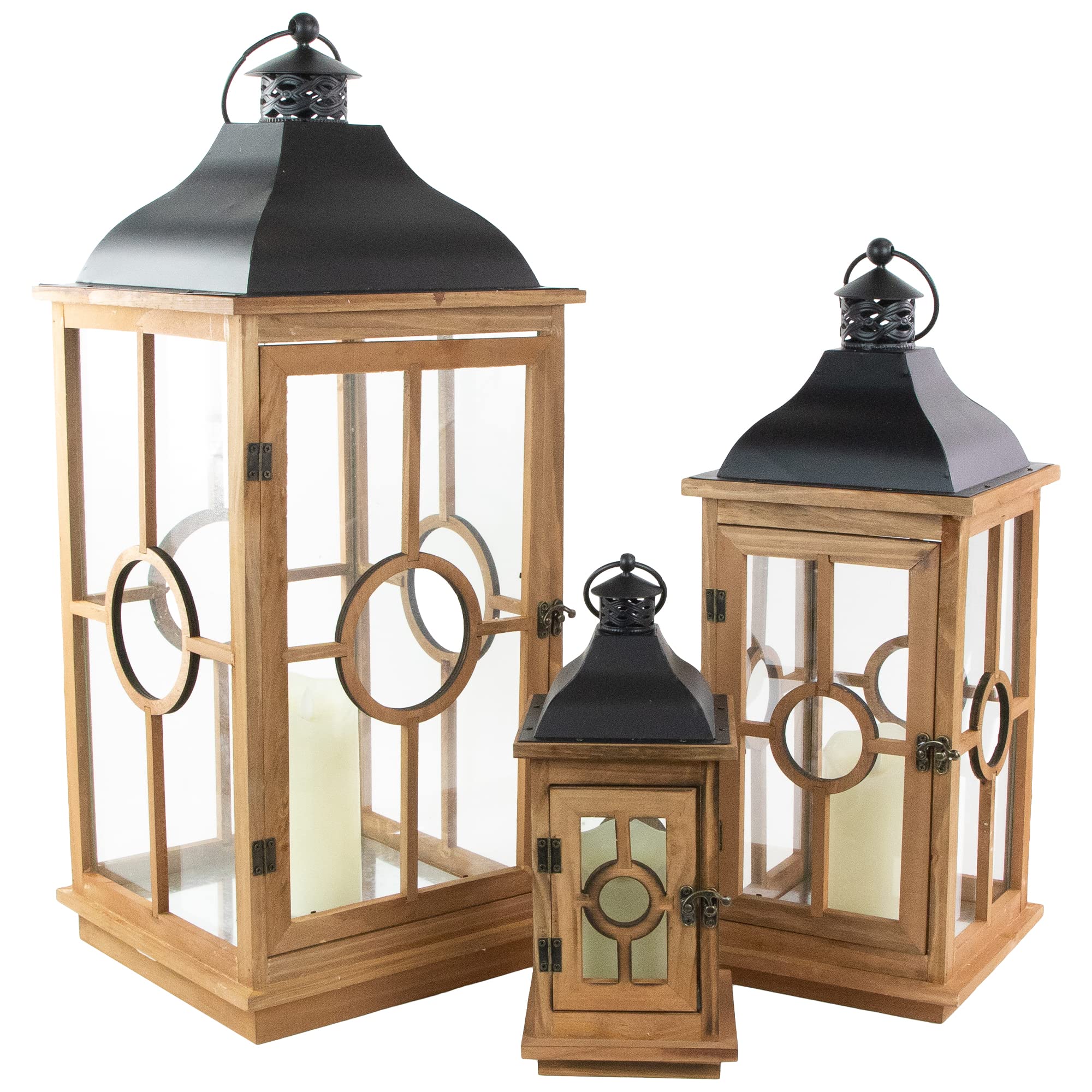 Set of 3 Natural Wood Candle Lanterns with Black Metal Tops - 26.5 Inch Rustic Brown Home Decor for Patio, Garden, Wedding & Outdoor Lighting