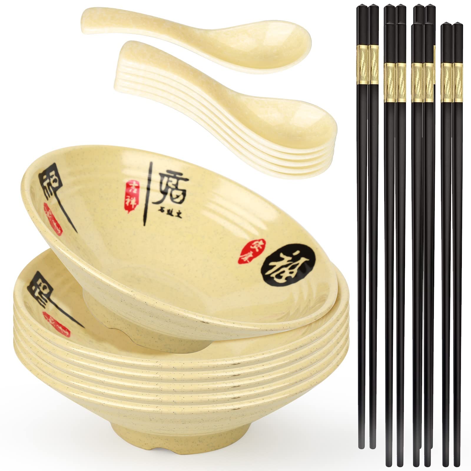 Unbreakable Japanese Style Ramen Bowl Set of 6 - Includes Chopsticks & Spoons - Dishwasher Safe Melamine Bowls for Pho, Miso, Udon, Thai Noodle Soup & Asian Cuisine - Perfect for Home Dining, Restaurants & Gifts
