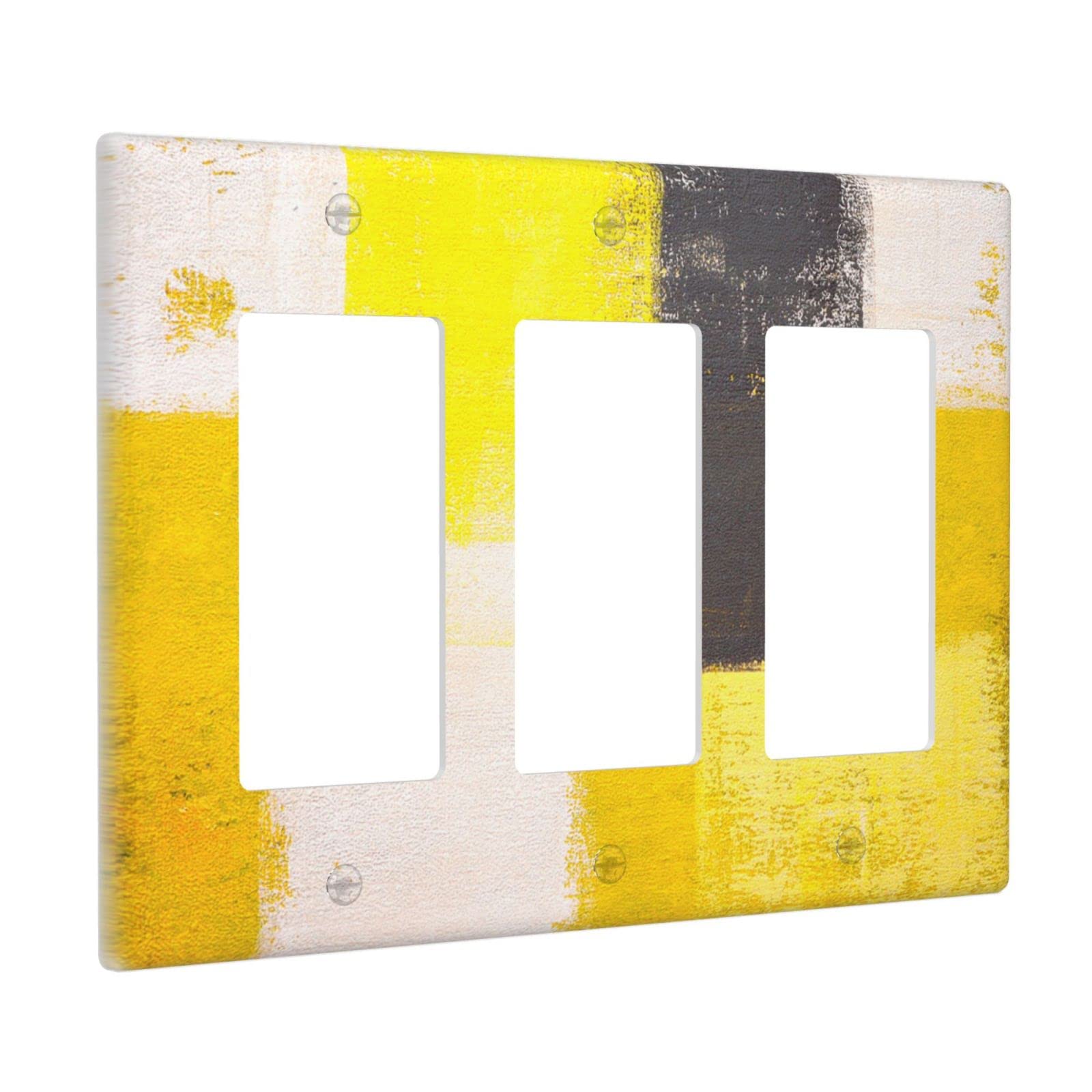 Abstract Beige Yellow Grey Triple Rocker Light Switch Cover - Decorative 3 Gang Wall Plate for Home & Office - Funny Lightswitch Faceplate 4.50 x 6.38 Inch - Perfect for Living Room, Bedroom, Kitchen Decor
