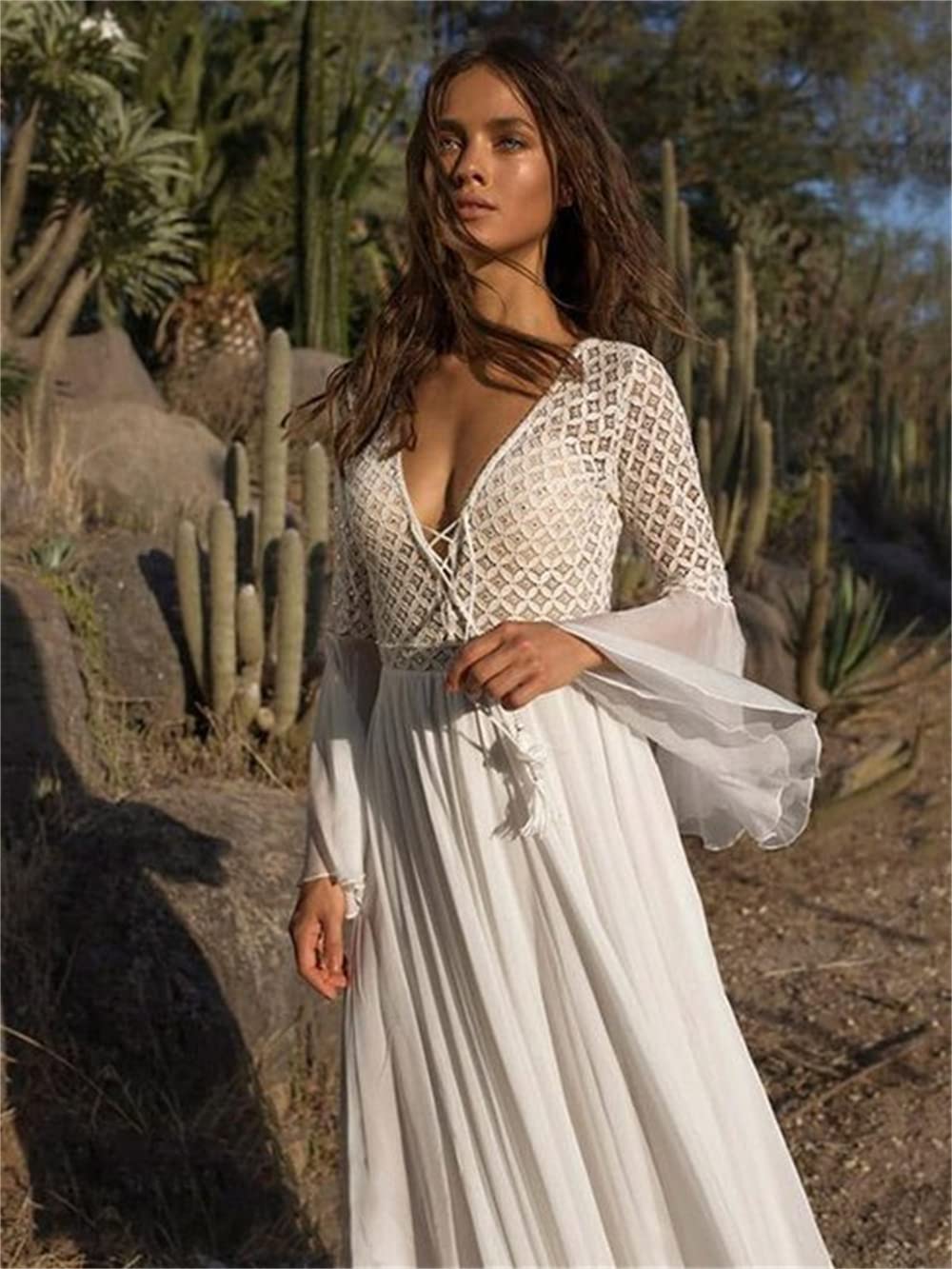 Sexy Boho Wedding Dress - A-Line V-Neck Chiffon Maxi Gown with Long Sleeves | Perfect for Beach, Garden & Bohemian Weddings